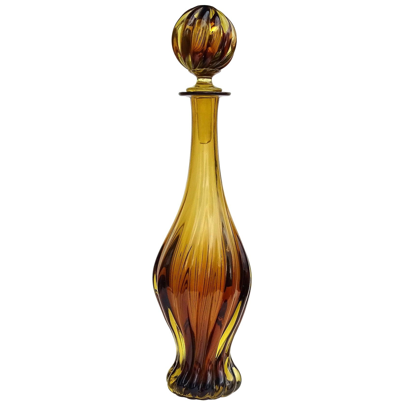 Murano Midcentury Sommerso Dark Amber Yellow Italian Art Glass Bottle Decanter