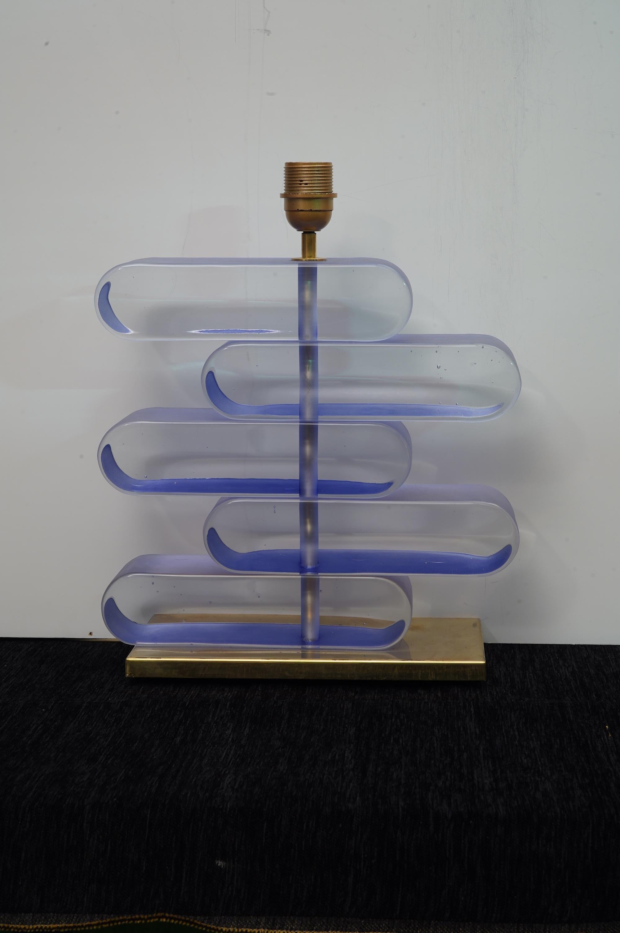 Murano Midcentury Art Glass and Brass Transparent Blue Table Lamps, 1970 1