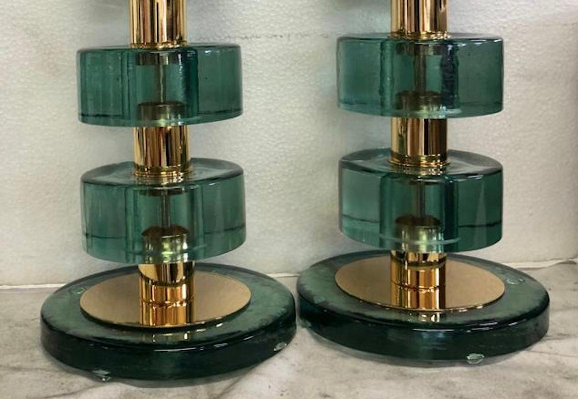 Mid-Century Modern Murano Midcentury Style Art Glass and Brass Transparent Green Table Lamps, 2020