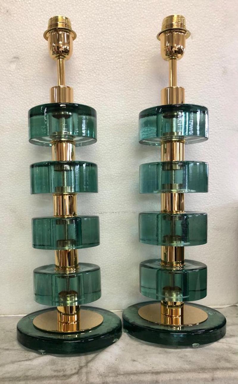 Italian Murano Midcentury Style Art Glass and Brass Transparent Green Table Lamps, 2020