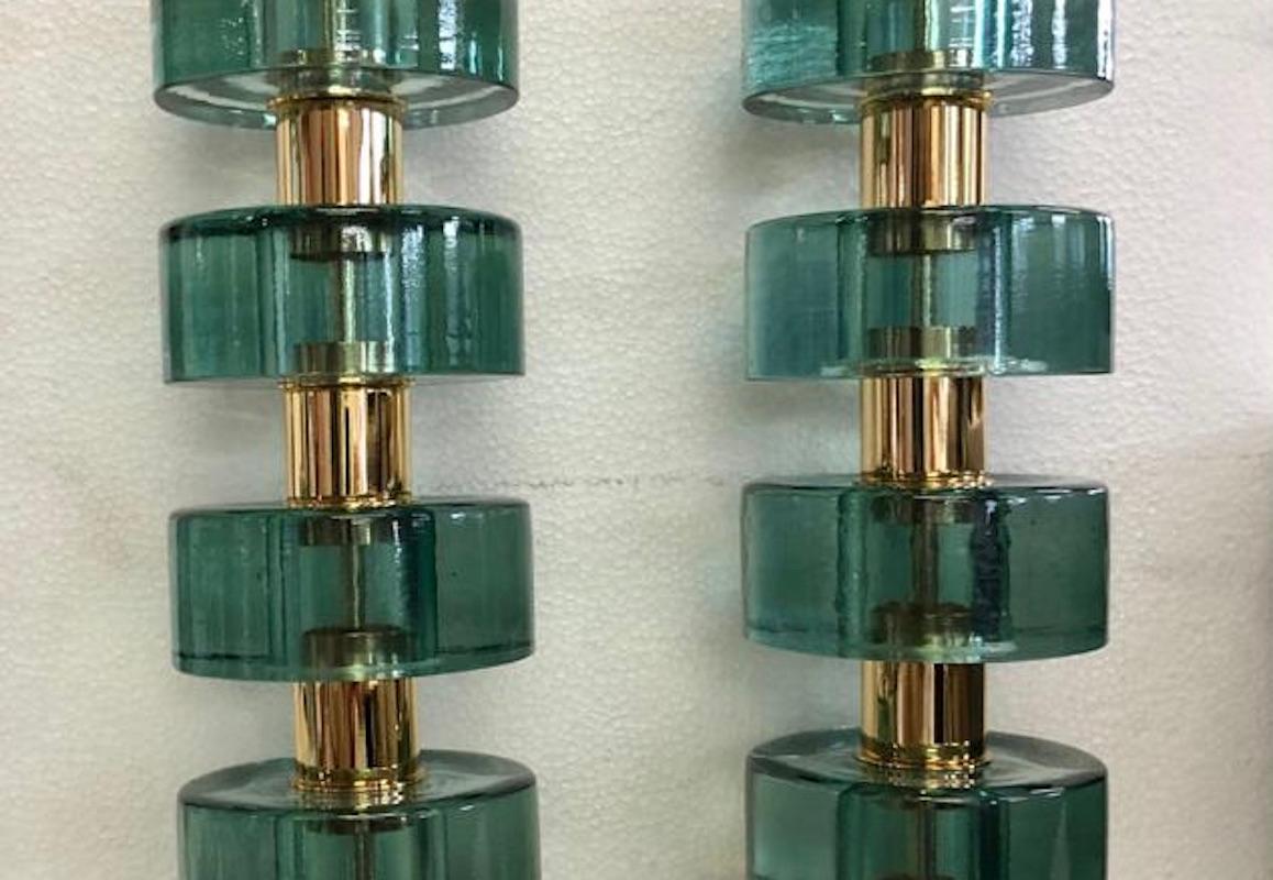 Murano Midcentury Style Art Glass and Brass Transparent Green Table Lamps, 2020 In Good Condition In Rome, IT