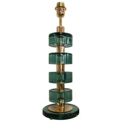 Murano Midcentury Style Art Glass and Brass Transparent Green Table Lamps, 2020
