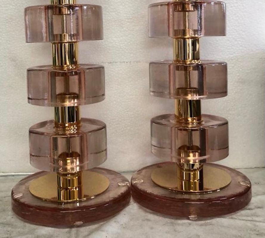 Italian Murano Midcentury Style Art Glass and Brass Transparent pink Table Lamps, 2020