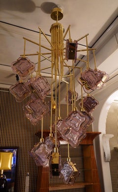 Murano Midcentury Pink Art Glass and Brass Chandelier and Pendant, 1970