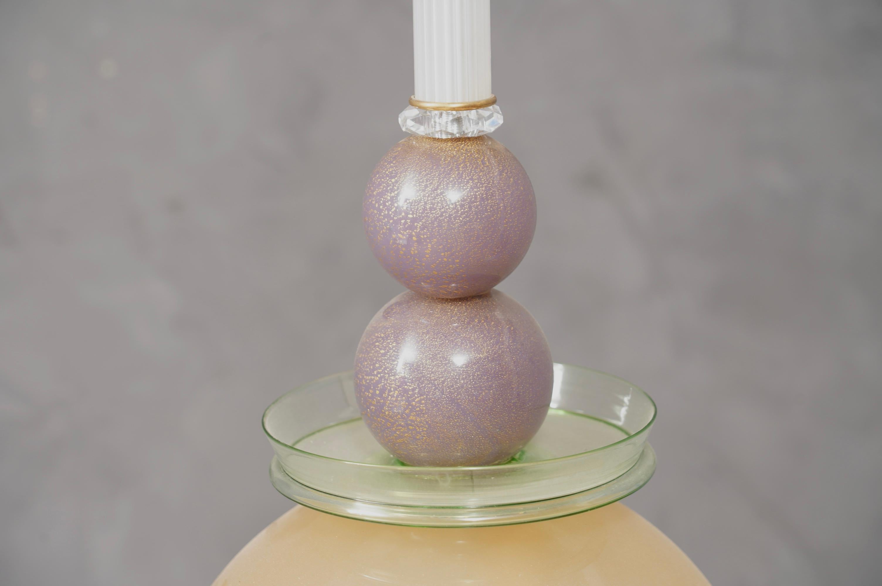Brass Murano Midcentury Blown Glass White, Green and Violet Italian Lanterns, 1970 For Sale