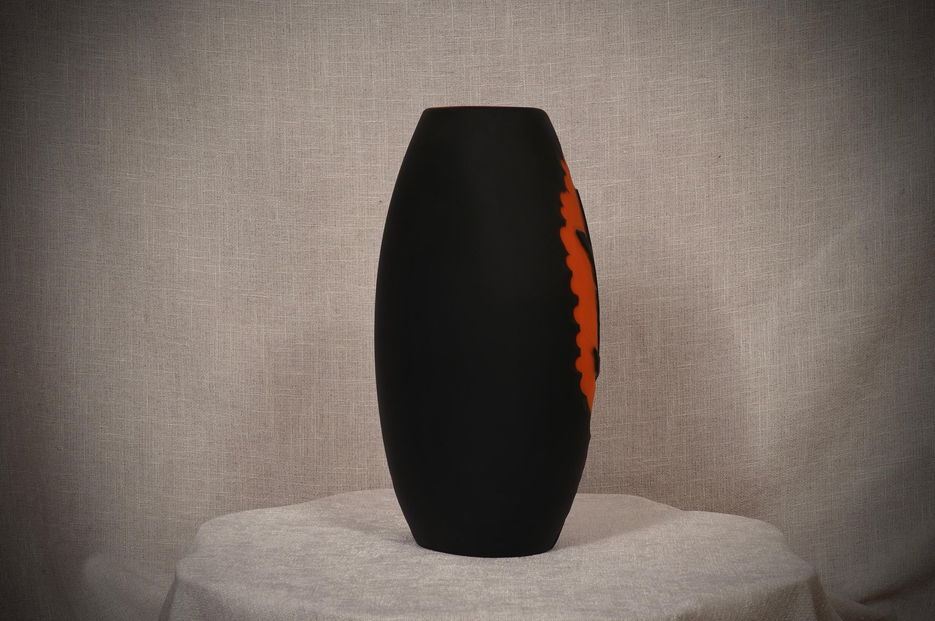 Murano Glass Murano Midcentury Oval Black and Orange Color Italian Vase, 1980 For Sale