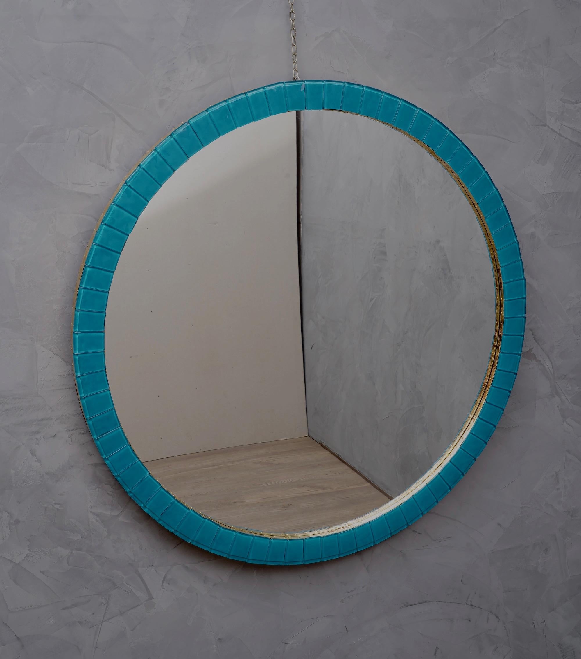 Mid-Century Modern Murano Midcentury Round Blue Glass and Brass Wall Mirror, 1950