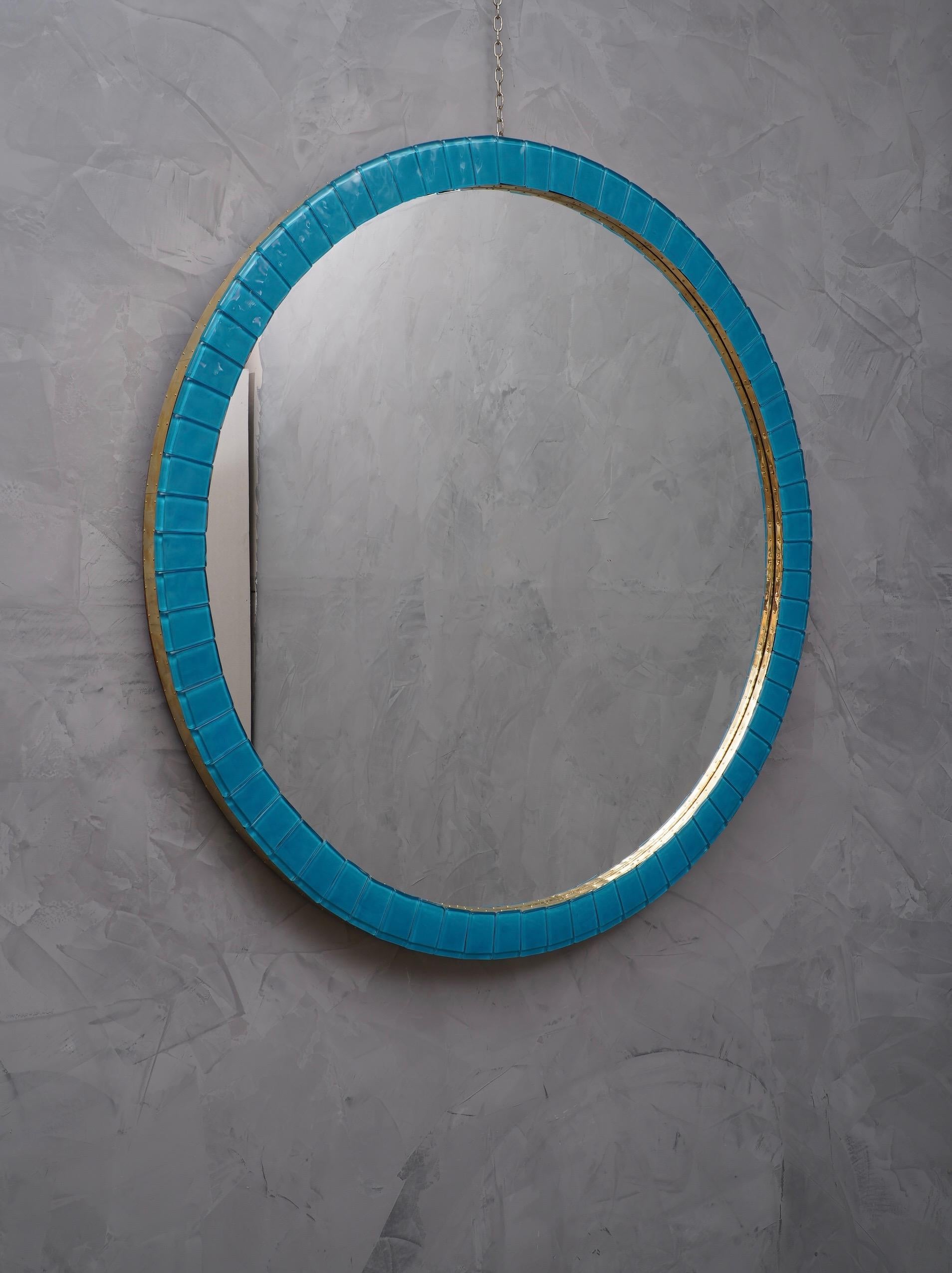 Murano Midcentury Round Blue Glass and Brass Wall Mirror, 1950 1