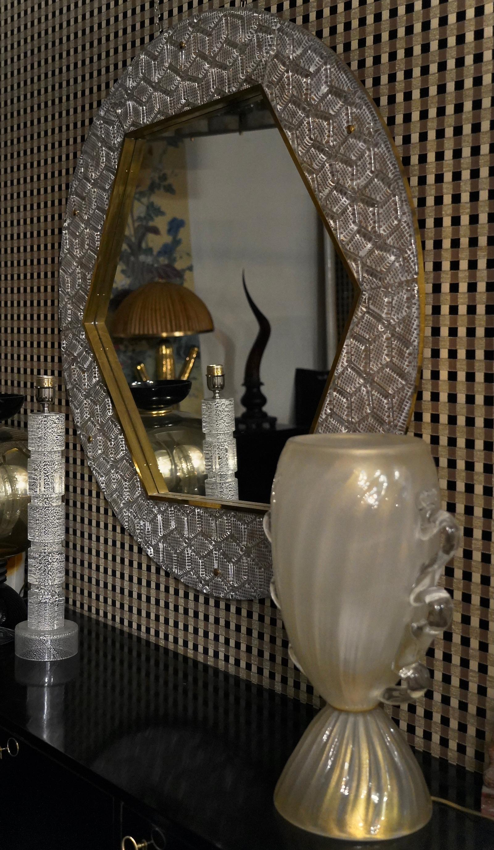 Mid-Century Modern Murano Midcentury Round Glass and Brass Wall Mirror, 1980