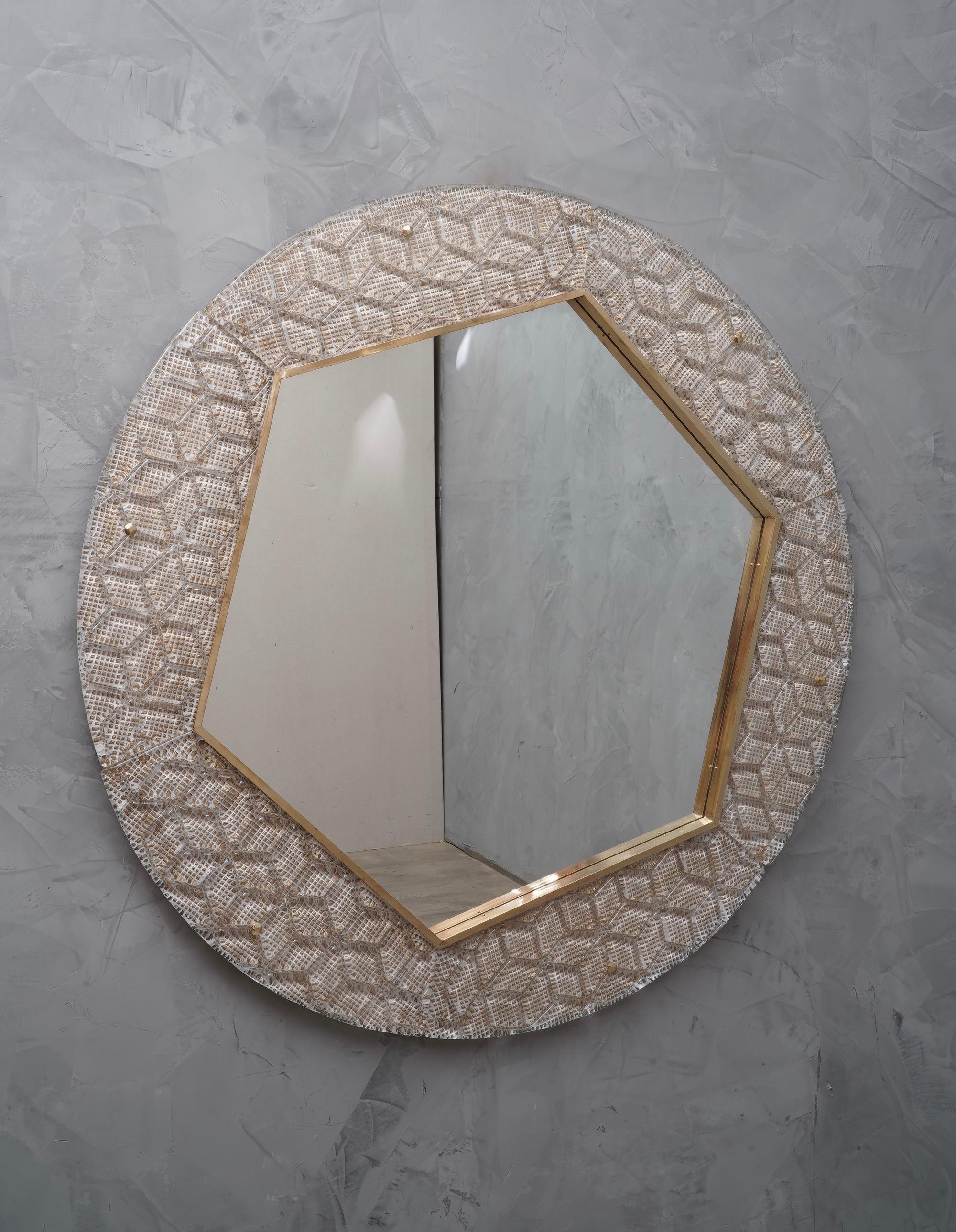 Murano Midcentury Round Glass and Brass Wall Mirror, 1980 2
