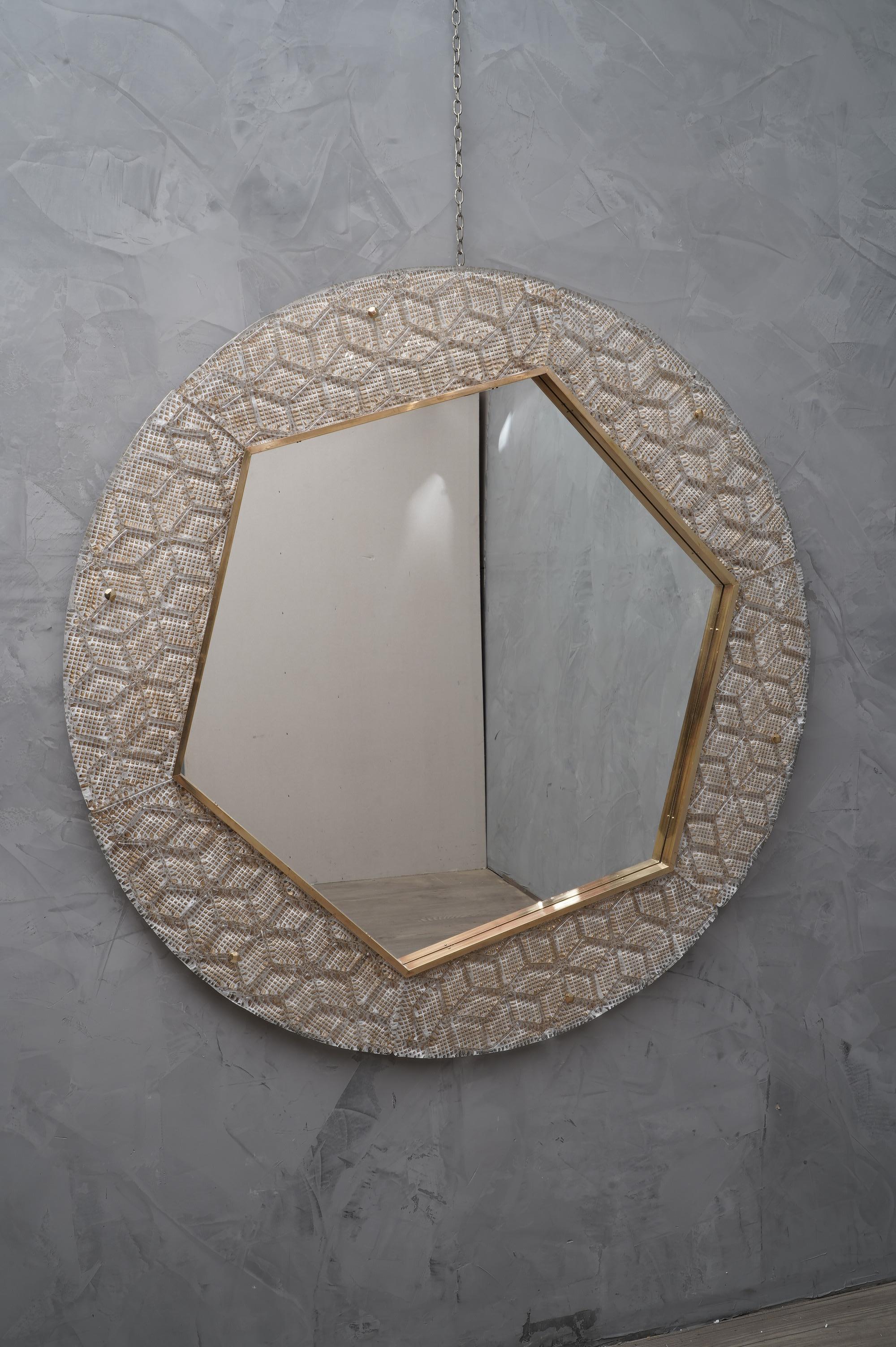 Murano Midcentury Round Glass and Brass Wall Mirror, 1980 4