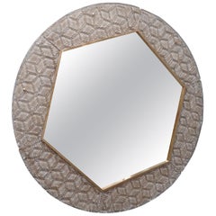 Murano Midcentury Round Glass and Brass Wall Mirror, 1980