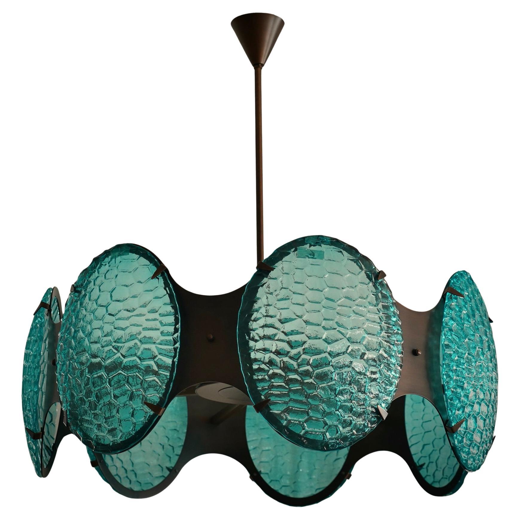 Murano Midcentury Round Glass and Bronze Italian Chandelier and Pendant, 2020 For Sale