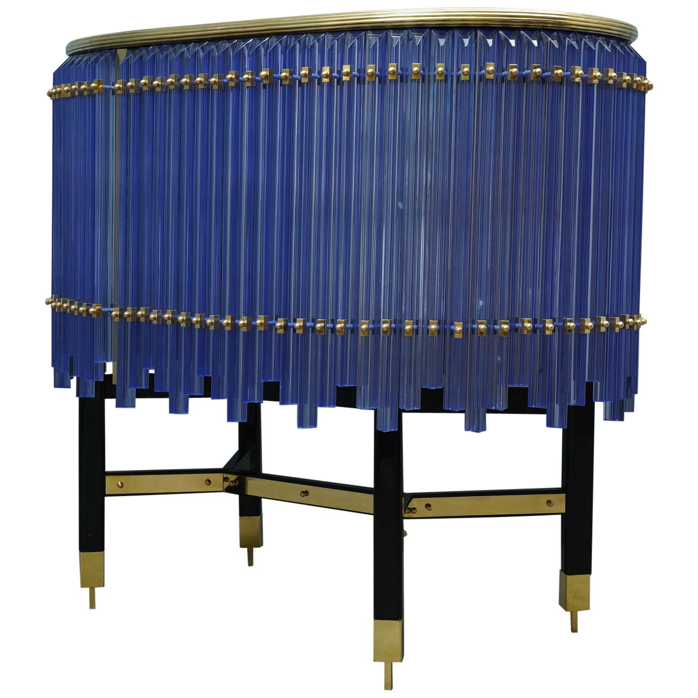 Murano Midcentury Round Periwinkle Color Glass and Brass Sideboards, 1970