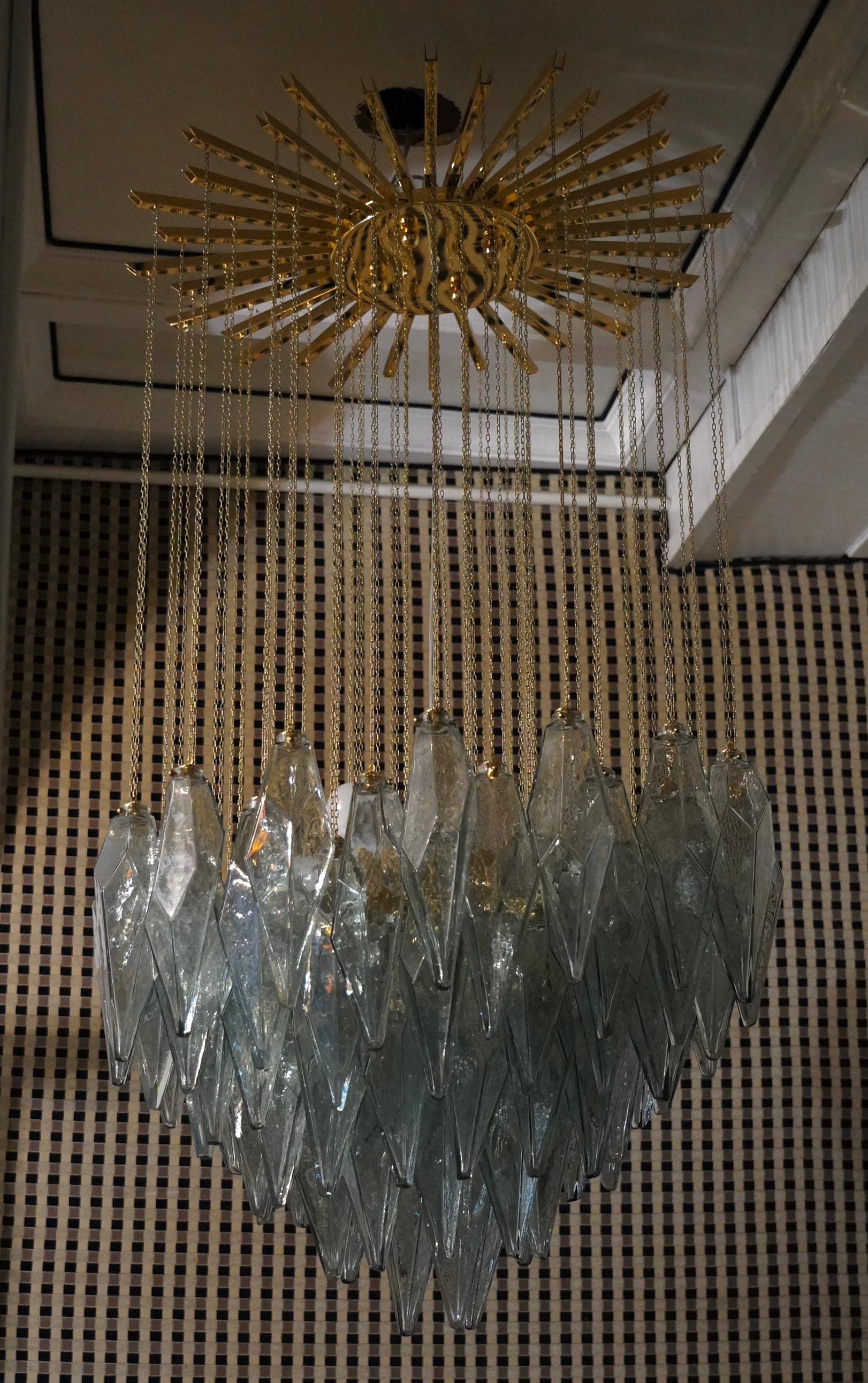 Murano Midcentury Sea Water Color Glass and Brass Chandelier and Pendant, 1970 In Good Condition For Sale In Rome, IT