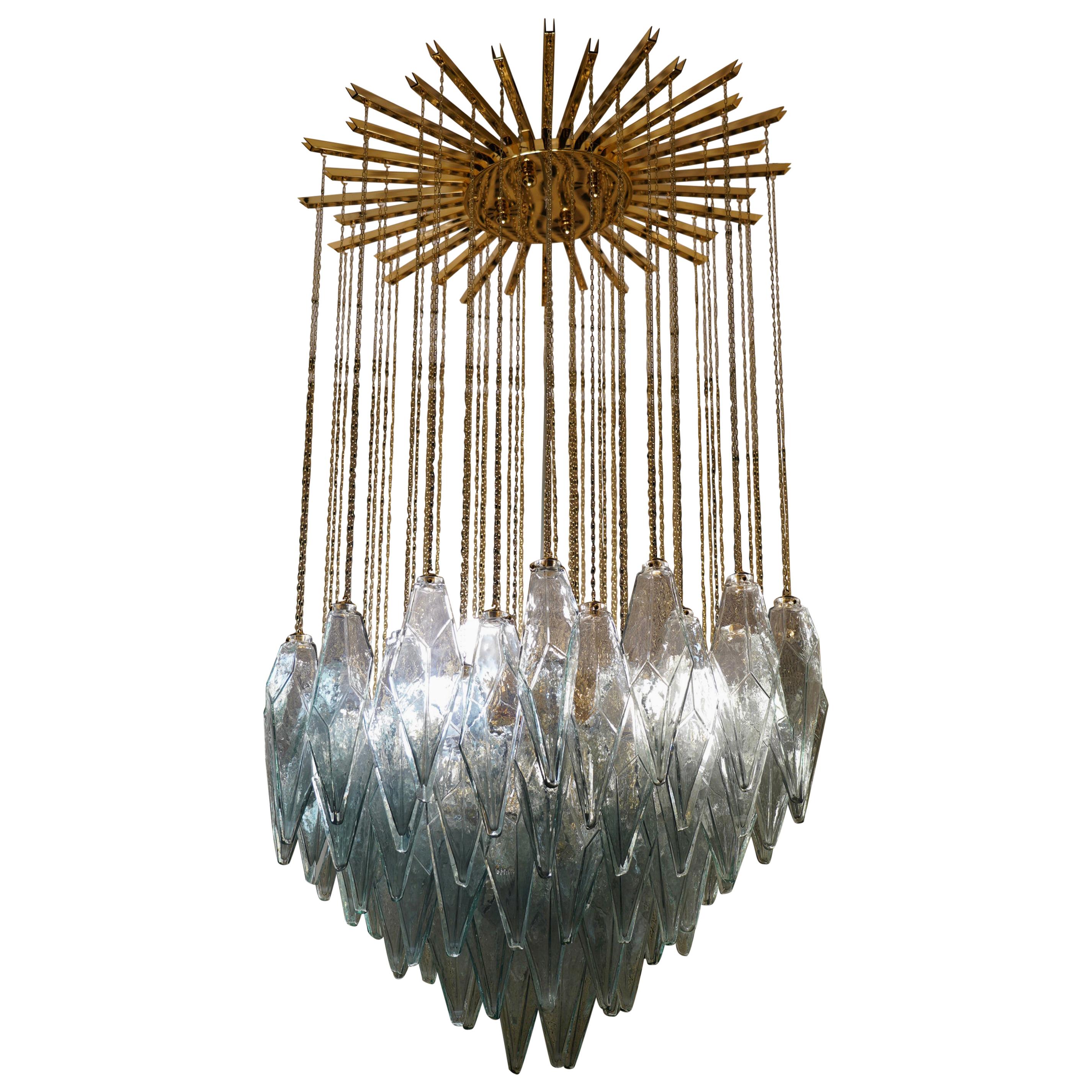 Murano Midcentury Sea Water Color Glass and Brass Chandelier and Pendant, 1970
