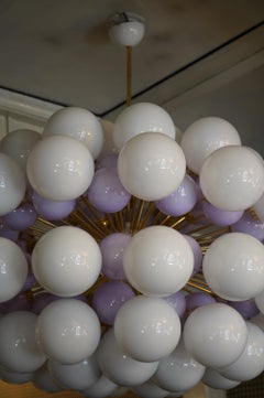 Murano Midcentury Spherical White and Lilac Glass and Brass Chandelier, 1990