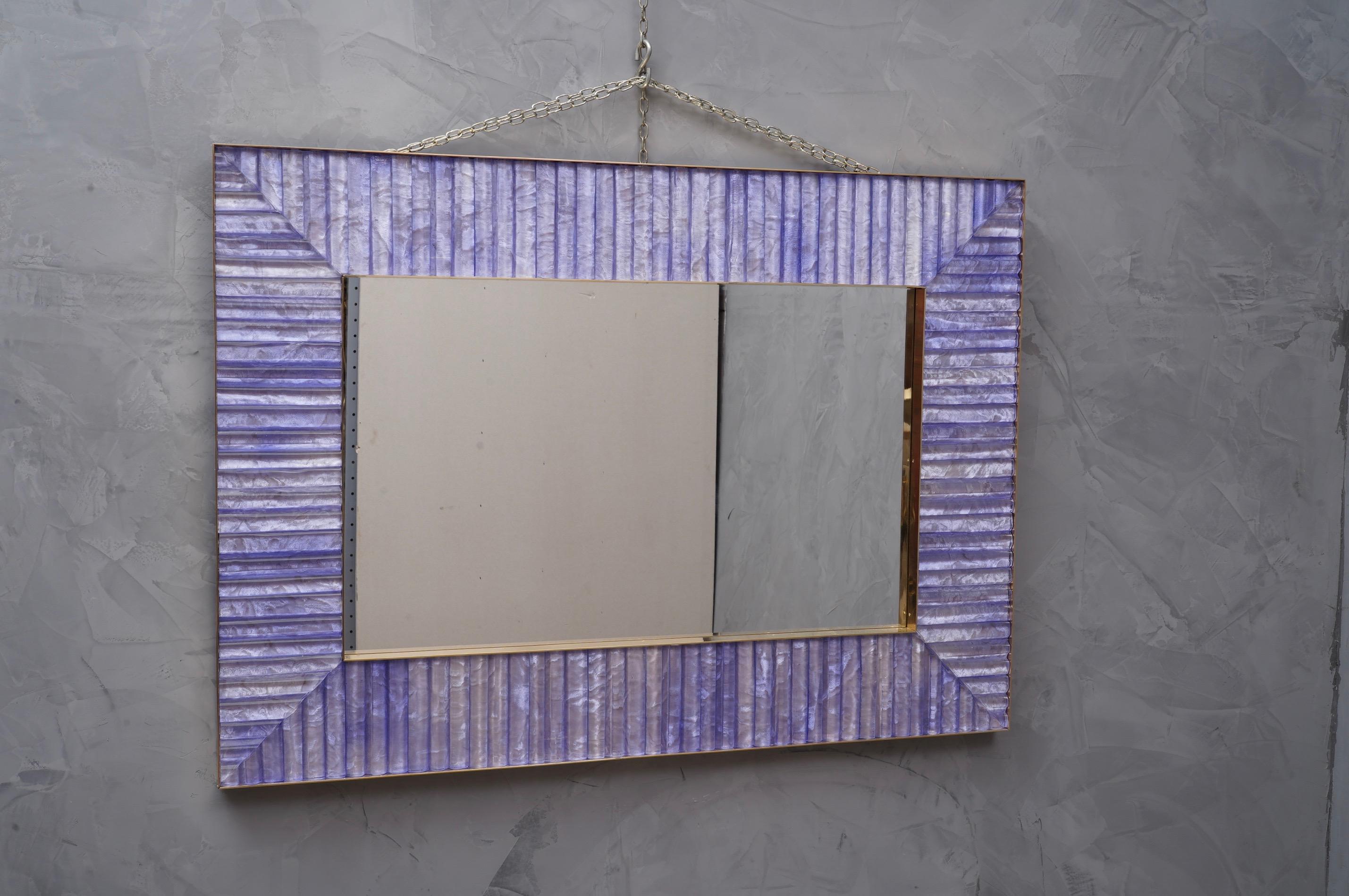 Italian Murano Midcentury Violet Glass Brass and Velvet Wall Mirror, 1970