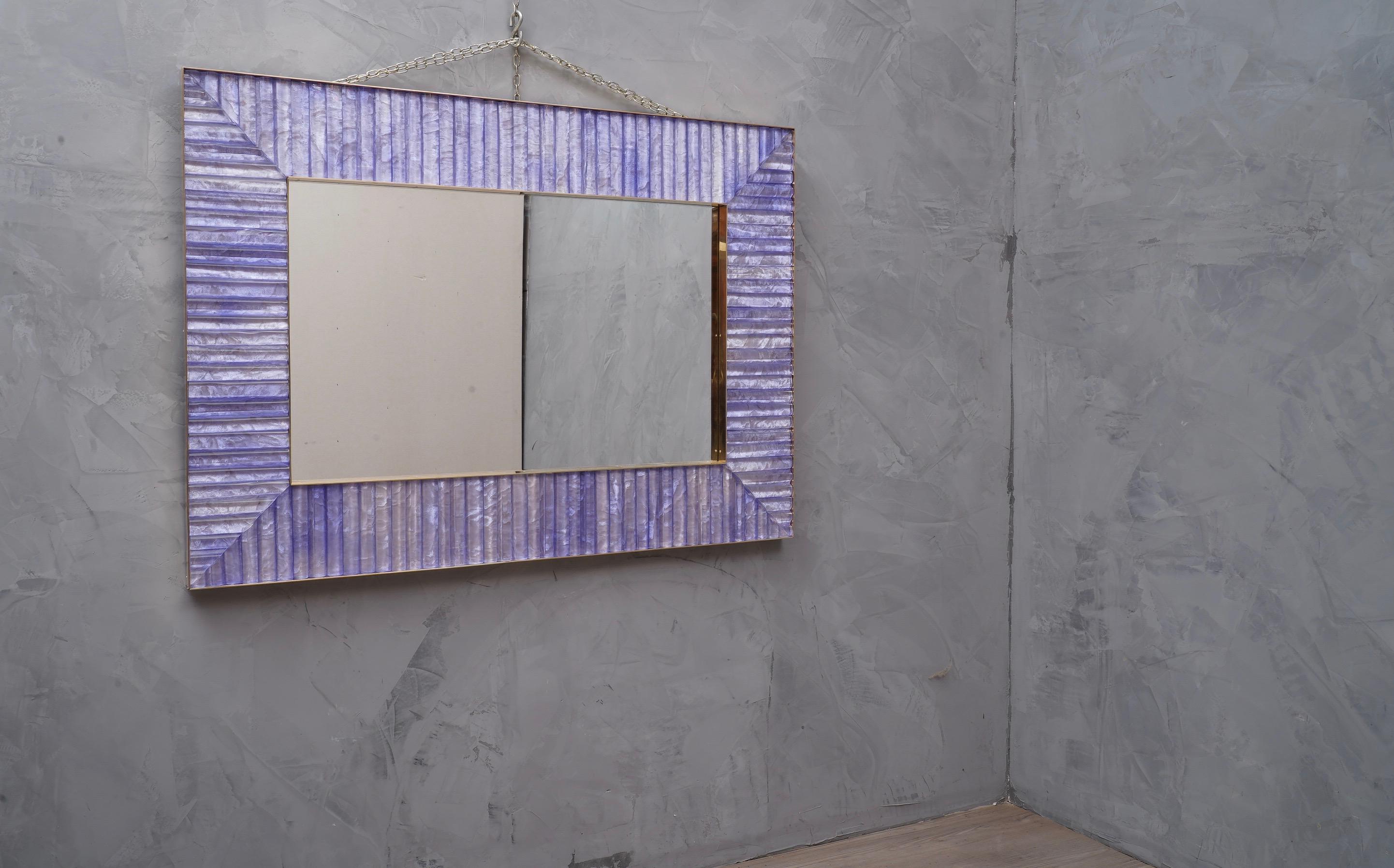 Murano Midcentury Violet Glass Brass and Velvet Wall Mirror, 1970 3