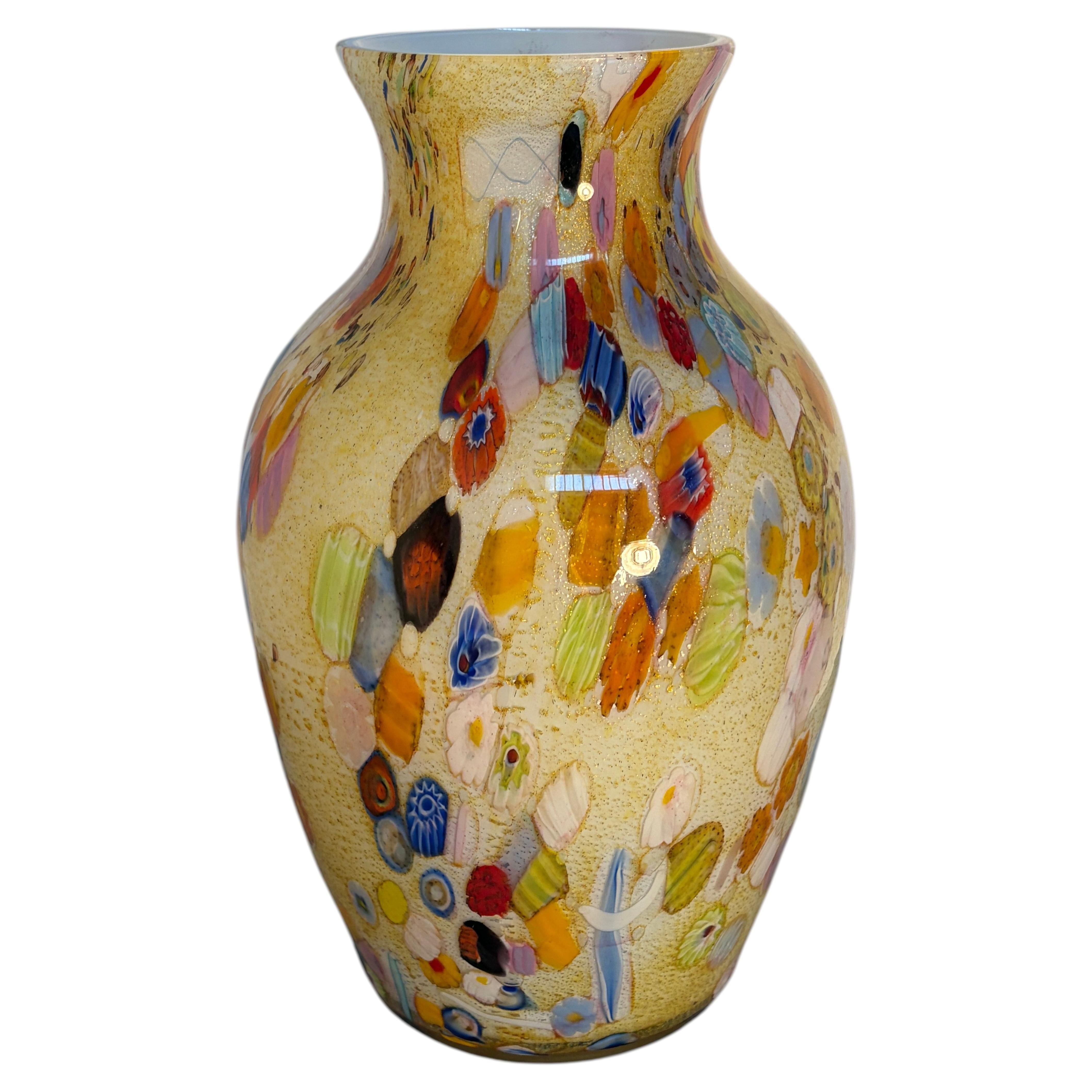 Murano Millefiori Art Glass Vase with Gold Aventurine and Multicolored Murrine