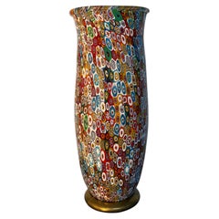 Murano-Millefiori-Kunstglasvase mit Blattgoldverzierungen und Etikett