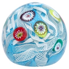 Murano Millefiori Flowers Blue White Ribbons Italian Art Glass Paperweight