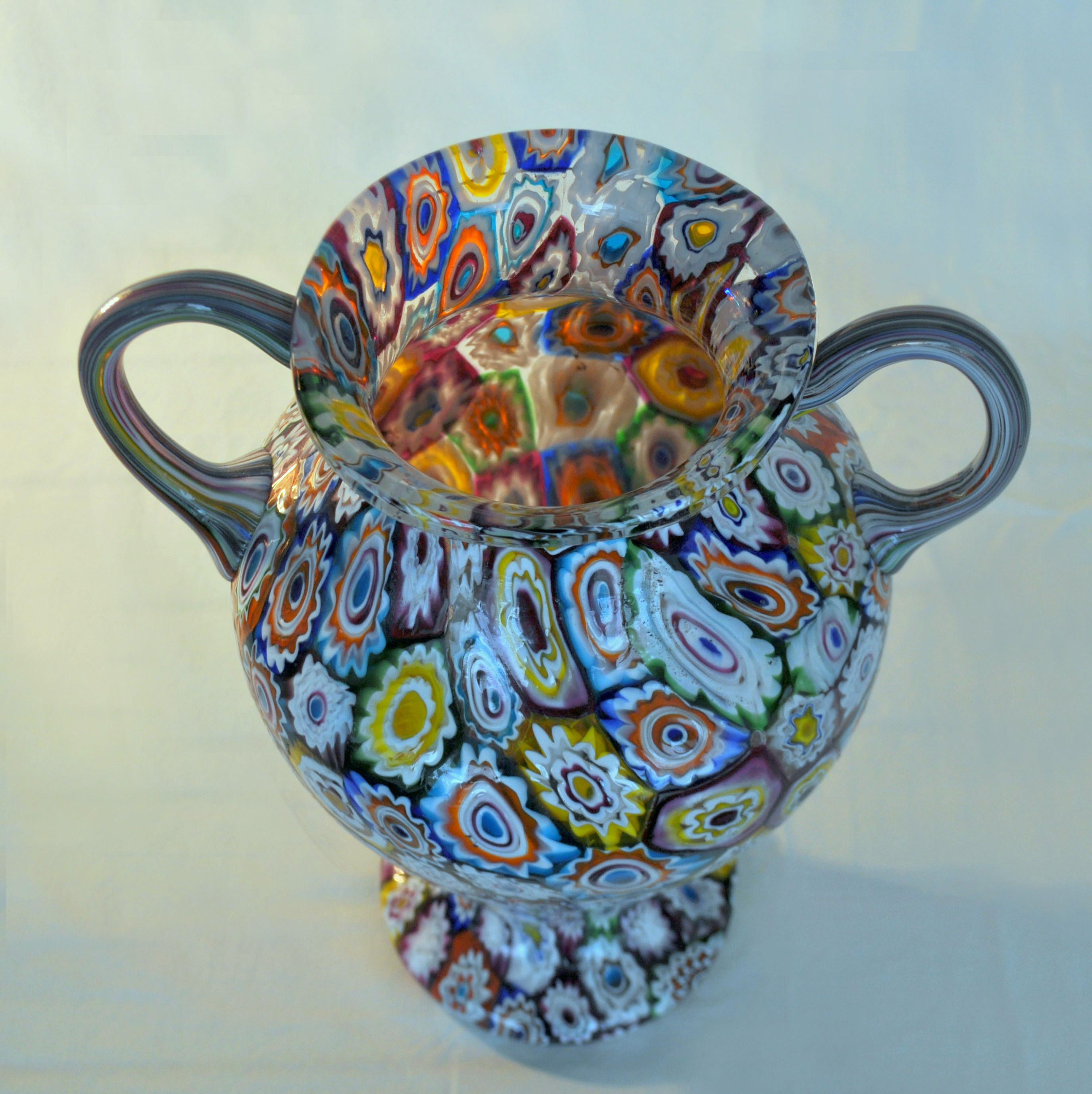 Early 20th Century Murano Millefiori Glass Double Handled Monumental Vase Fratelli Toso, 1920s