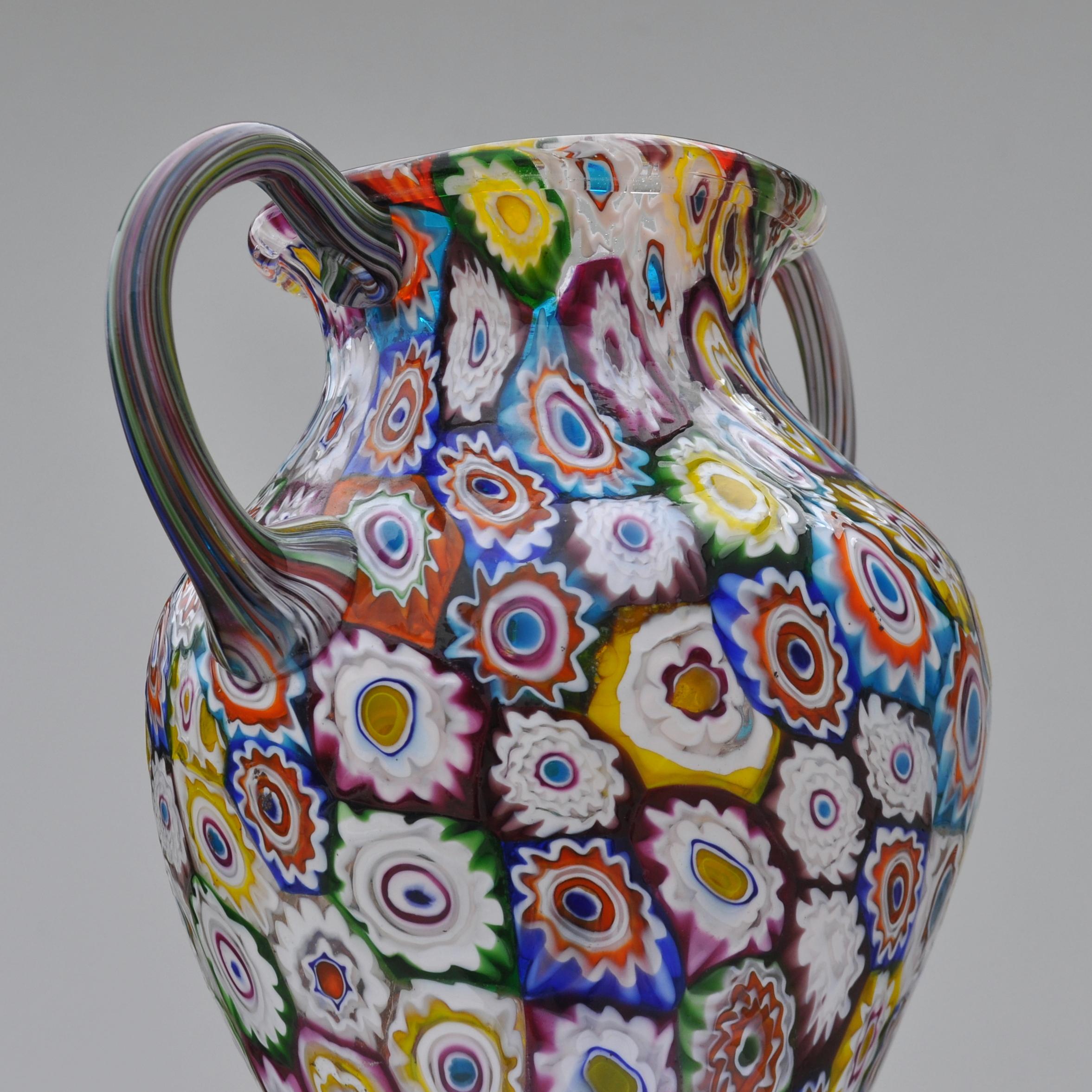Murano Millefiori Glass Double Handled Monumental Vase Fratelli Toso, 1920s 2