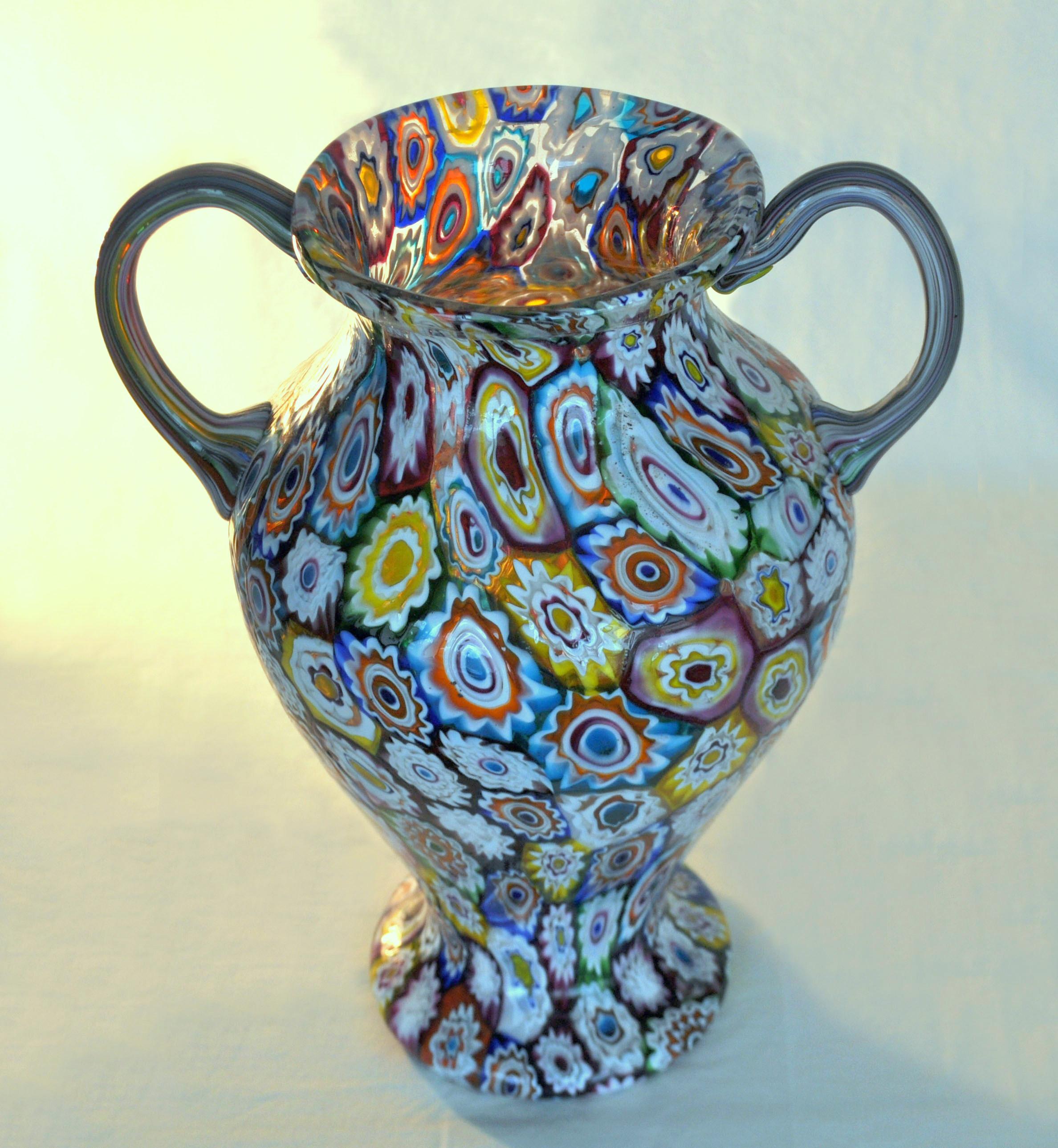 Italian Murano Millefiori Glass Double Handled Monumental Vase Fratelli Toso, 1920s