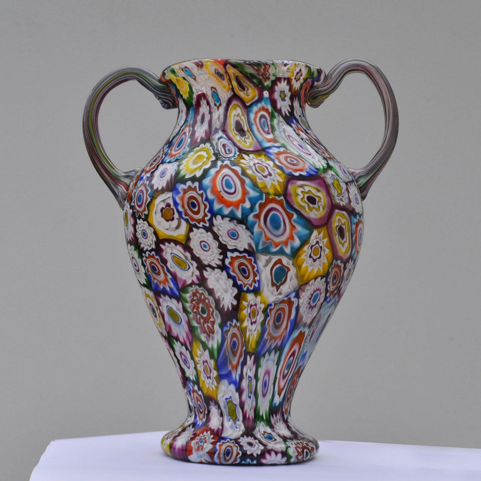 Murano Millefiori Glass Double Handled Monumental Vase Fratelli Toso, 1920s 4