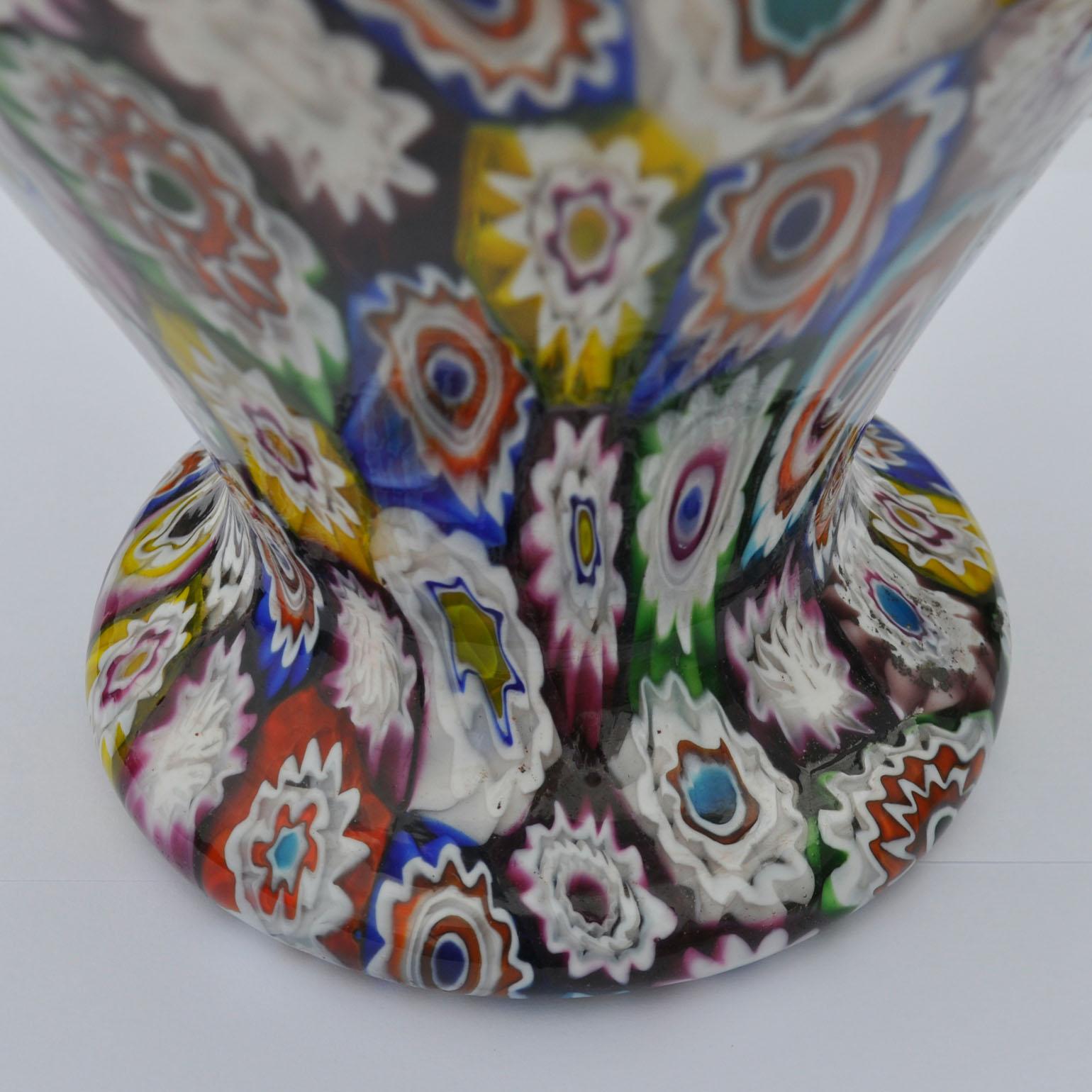 Art Glass Murano Millefiori Glass Double Handled Monumental Vase Fratelli Toso, 1920s