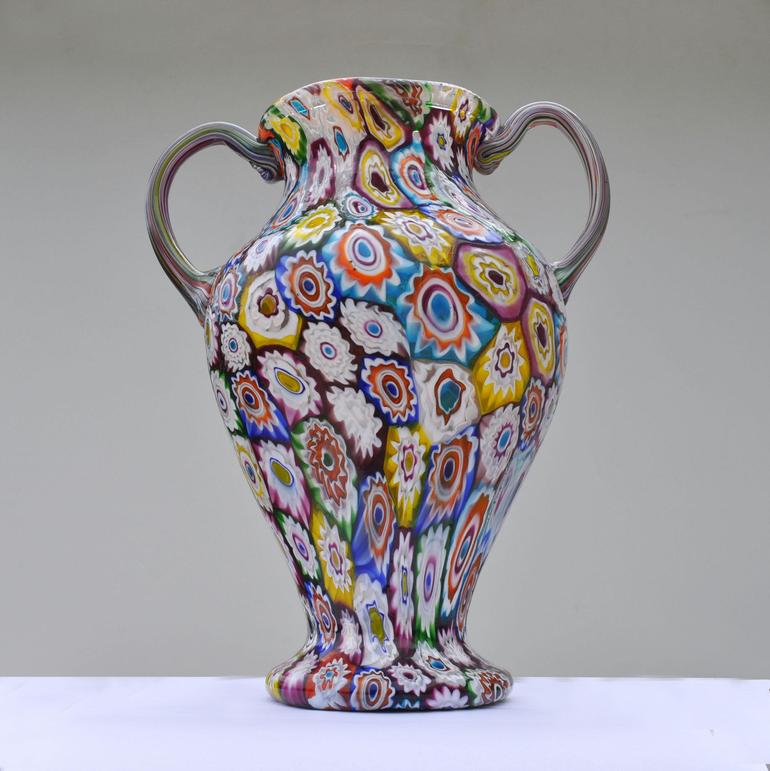 Murano Millefiori Glass Double Handled Monumental Vase Fratelli Toso, 1920s 3