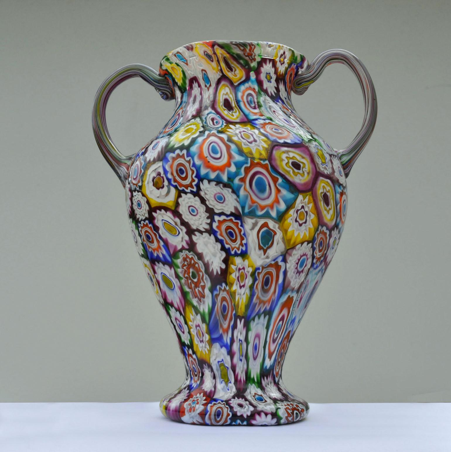 Hand-Crafted Murano Millefiori Glass Double Handled Monumental Vase Fratelli Toso, 1920s