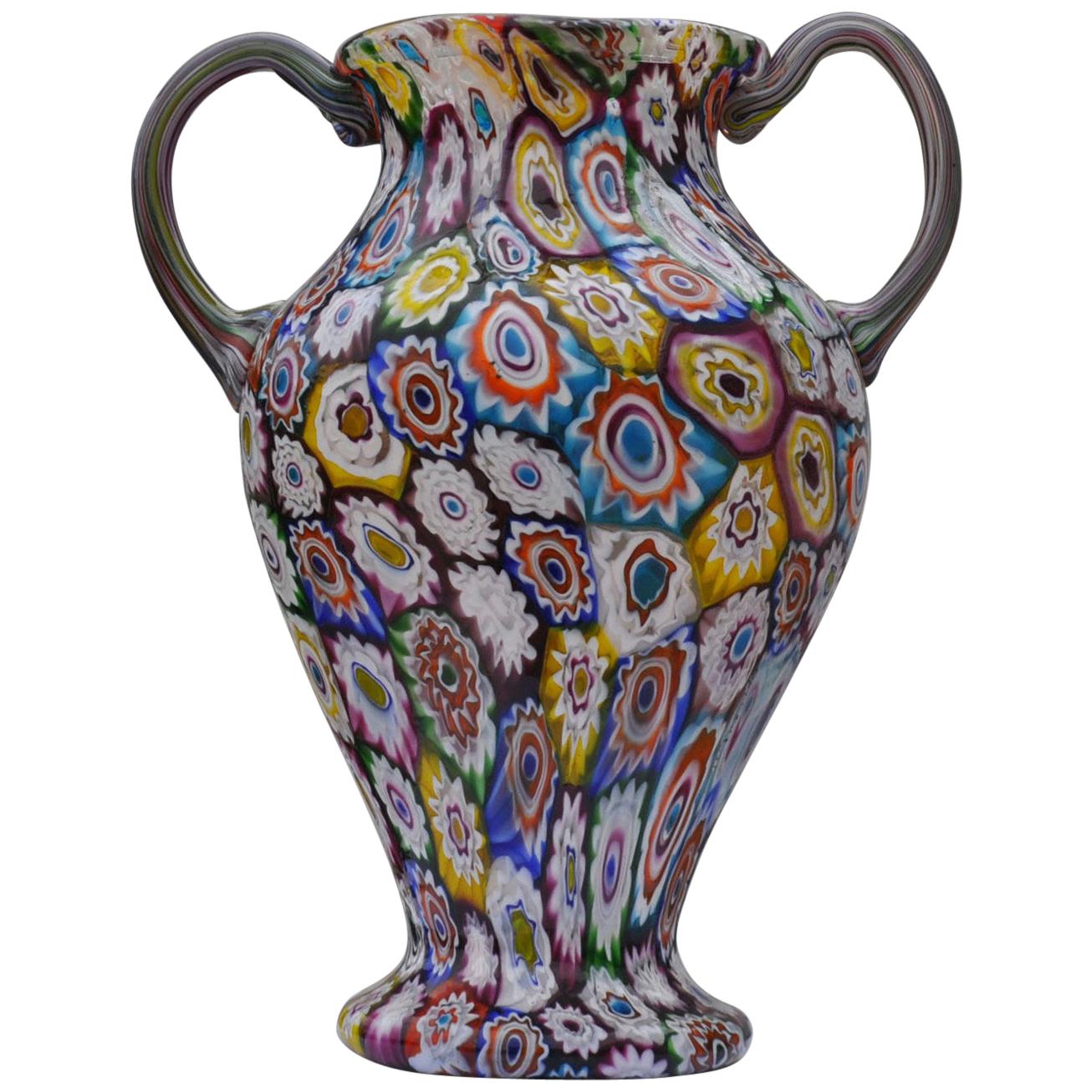 Murano Millefiori Glass Double Handled Monumental Vase Fratelli Toso, 1920s
