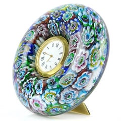 Murano Millefiori Mosaic Flowers Italian Art Glass Decorative Round Desk Clock