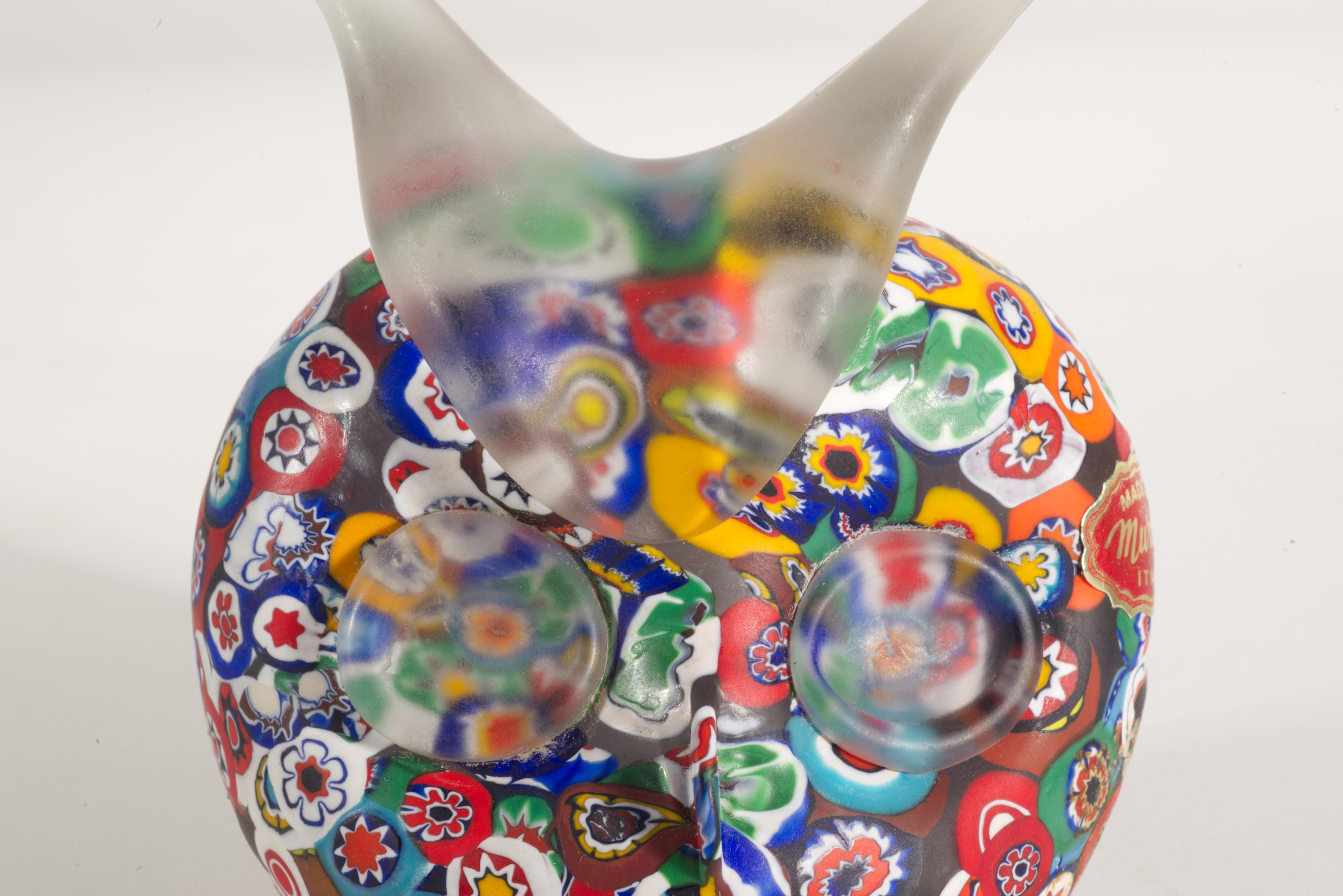 Murano Millefiori Set of 2 Owl Paperweights in Style of Fratelli Toso For Sale 2