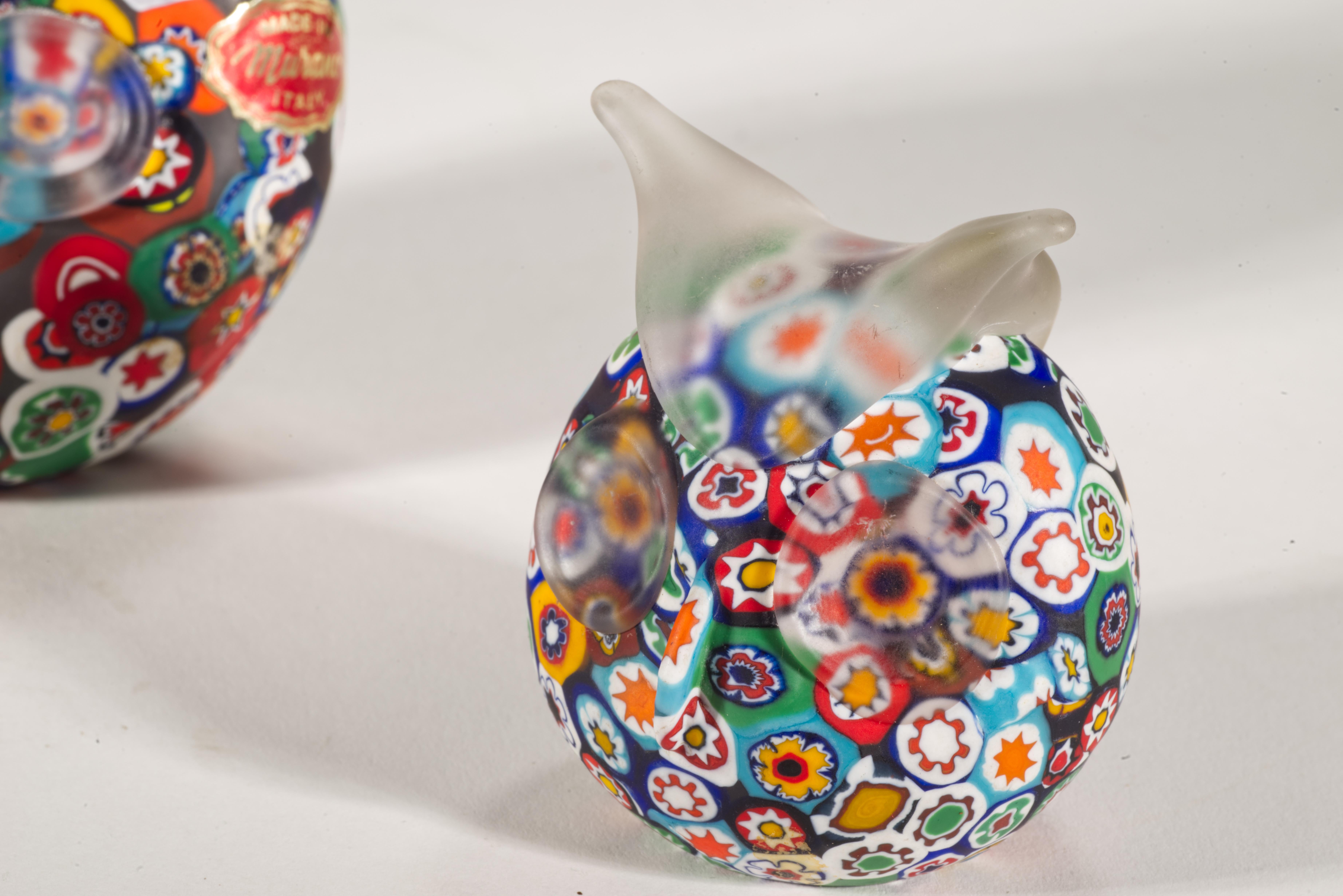 Murano Millefiori Set of 2 Owl Paperweights in Style of Fratelli Toso For Sale 3