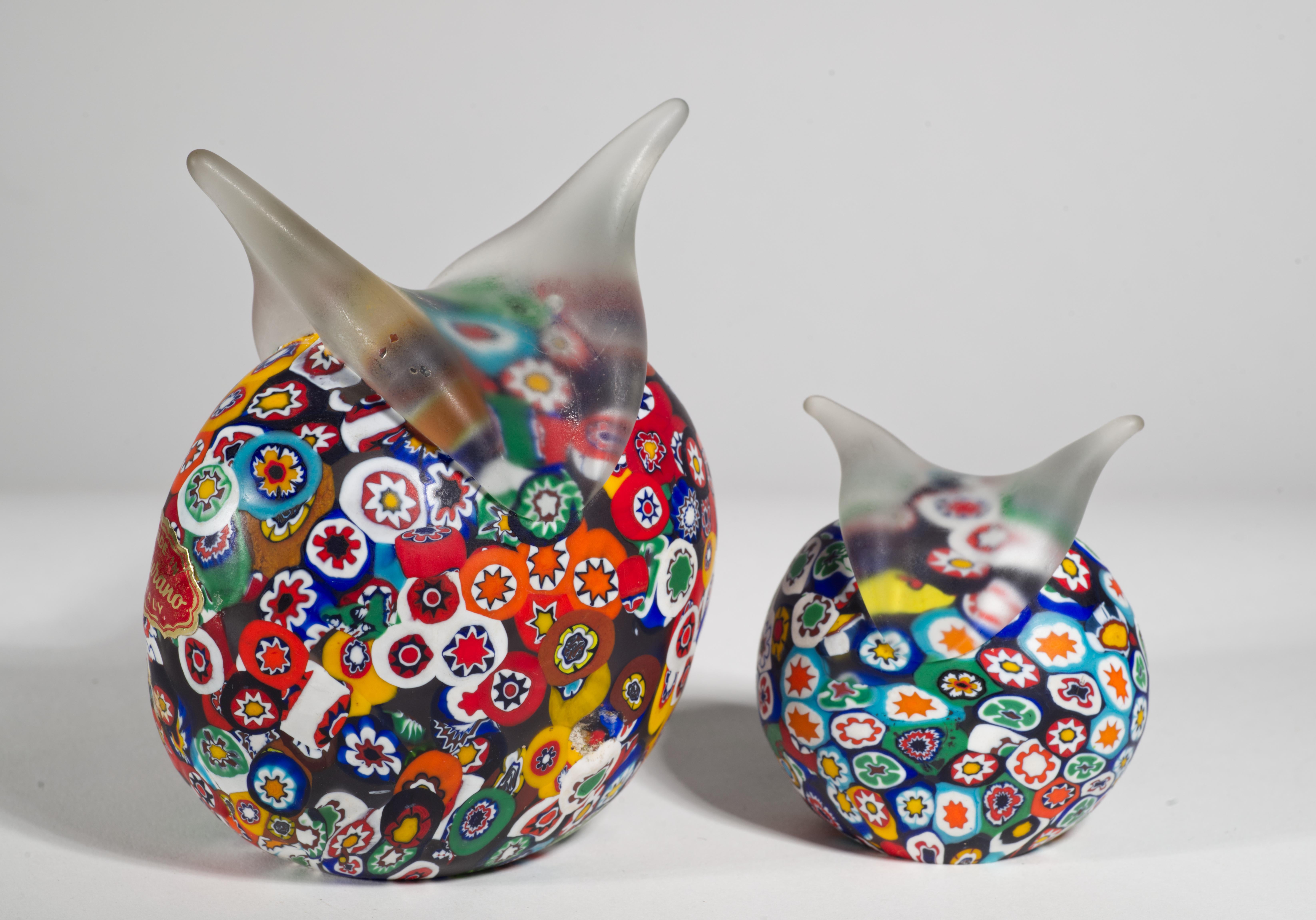 Mid-Century Modern Murano Millefiori Set of 2 Owl Paperweights in Style of Fratelli Toso For Sale
