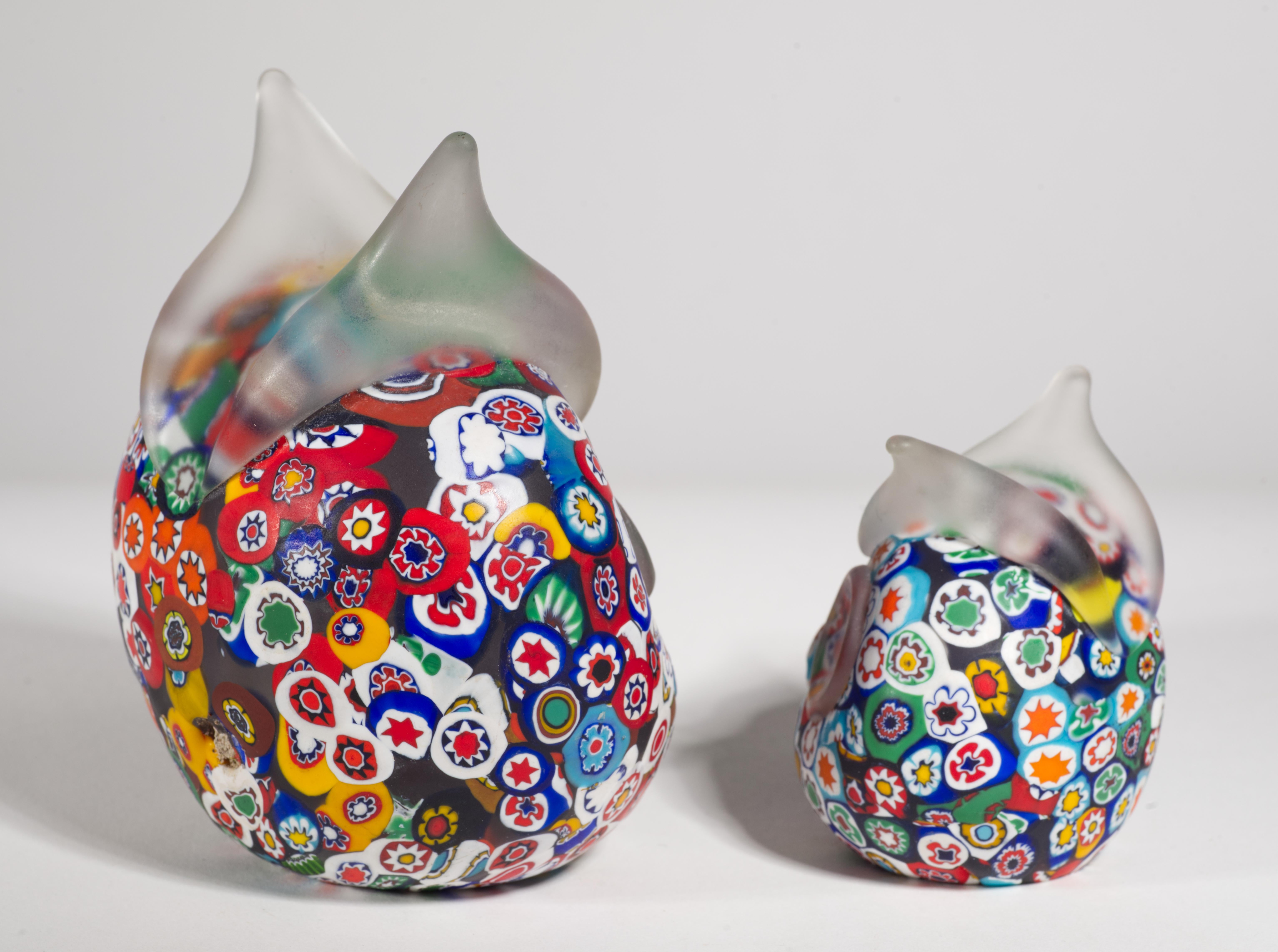 Italian Murano Millefiori Set of 2 Owl Paperweights in Style of Fratelli Toso For Sale