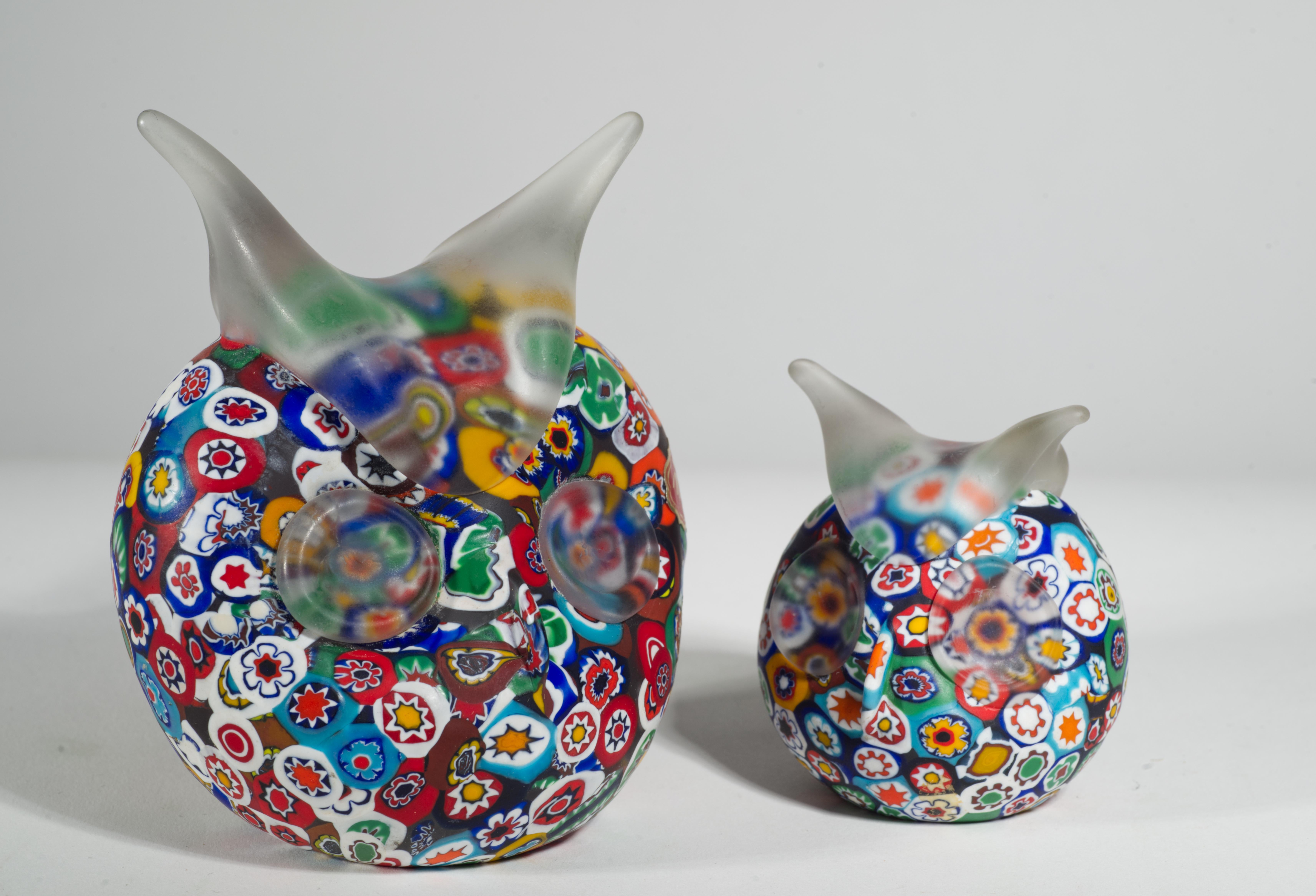 Hand-Crafted Murano Millefiori Set of 2 Owl Paperweights in Style of Fratelli Toso For Sale