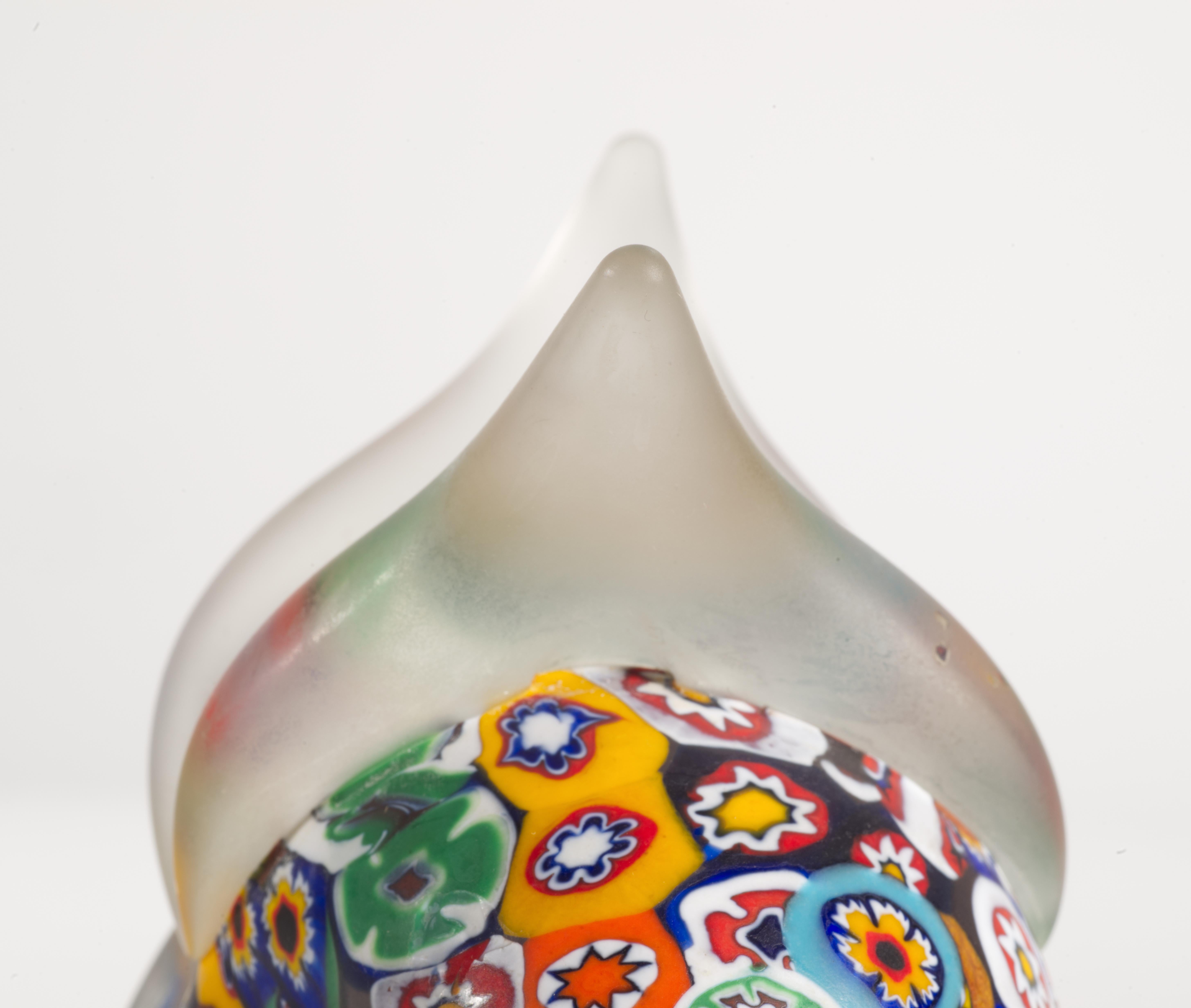 Art Glass Murano Millefiori Set of 2 Owl Paperweights in Style of Fratelli Toso For Sale