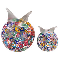 Murano Millefiori Set of 2 Owl Paperweights in Style of Fratelli Toso