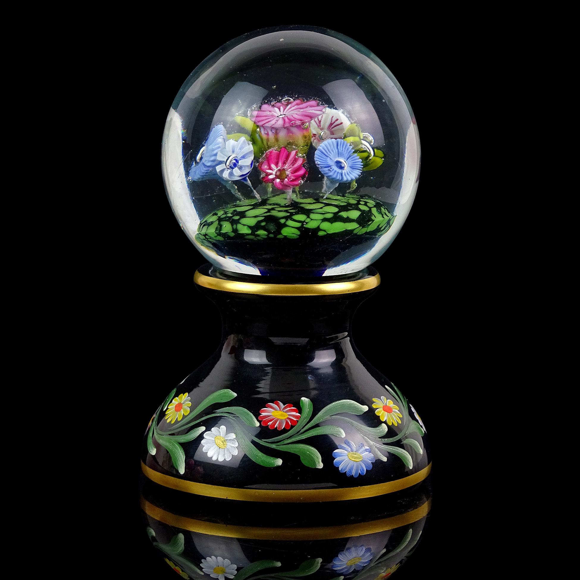 Mid-Century Modern Murano Millefiori Wild Flowers Painted Pedestal Italian Art Glass Paperweight For Sale