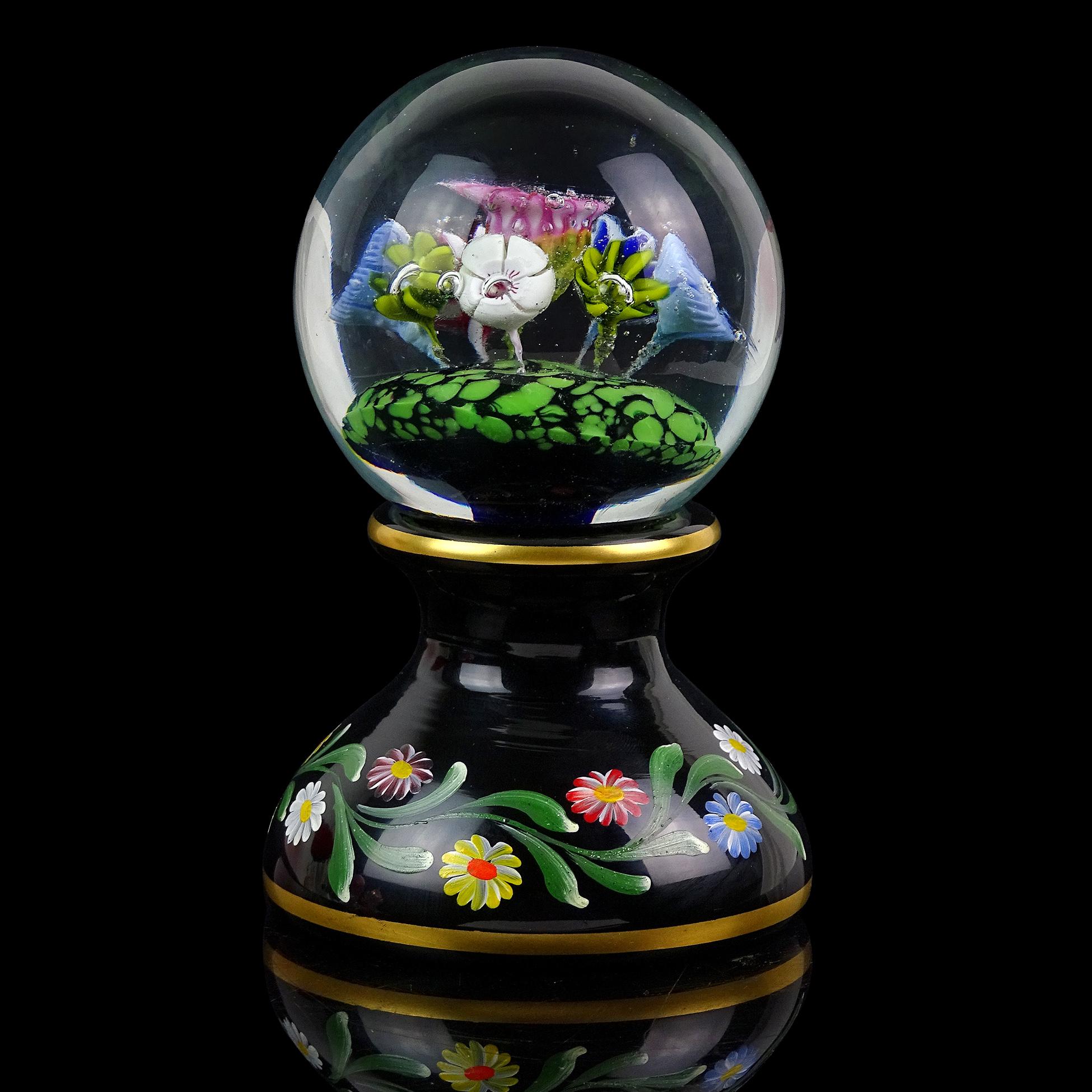 Hand-Crafted Murano Millefiori Wild Flowers Painted Pedestal Italian Art Glass Paperweight For Sale
