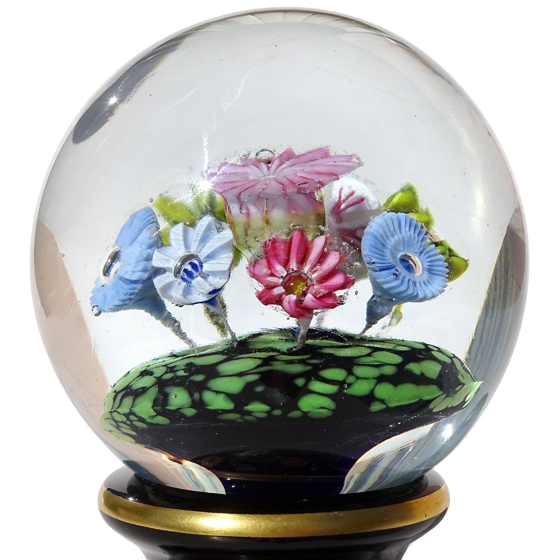 Murano Millefiori Wild Flowers Painted Pedestal Italian Art Glass Paperweight In Good Condition For Sale In Kissimmee, FL
