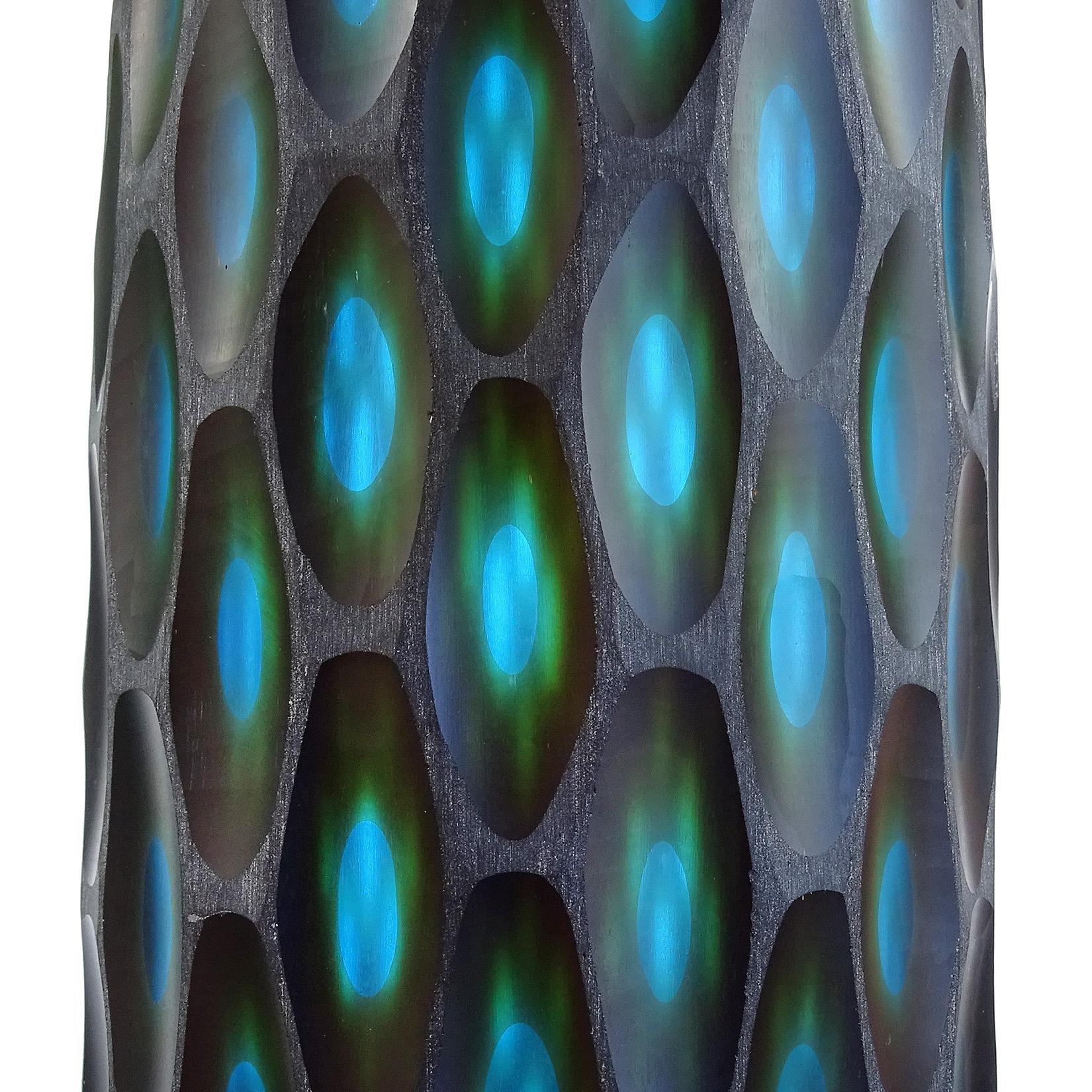 Hand-Crafted Murano Modern Carved Black Blue Green Italian Art Glass Sculptural Flower Vase