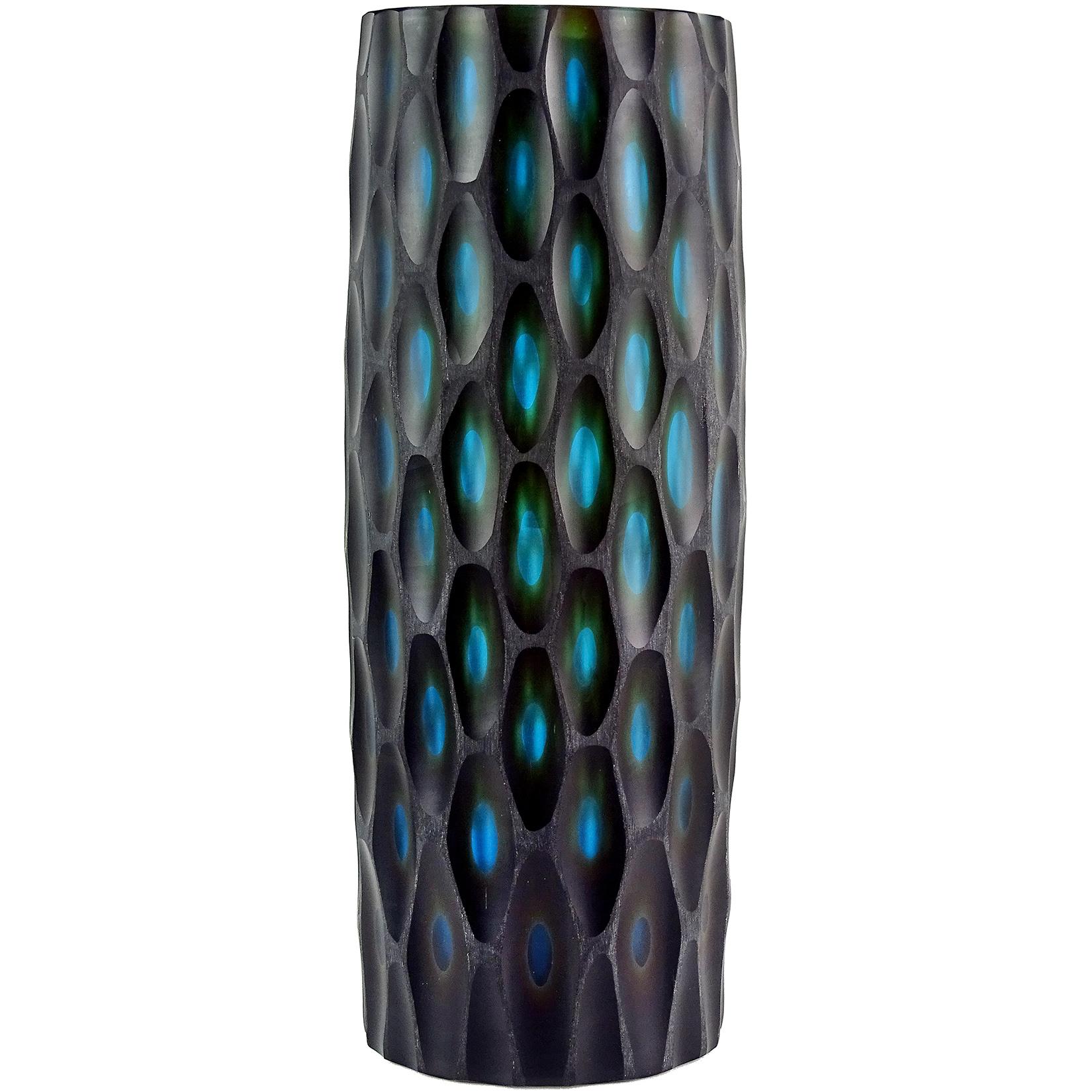 Murano Modern Carved Black Blue Green Italian Art Glass Sculptural Flower Vase