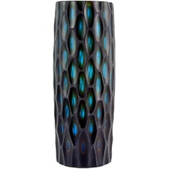 Murano Modern Carved Black Blue Green Italian Art Glass Sculptural Flower Vase