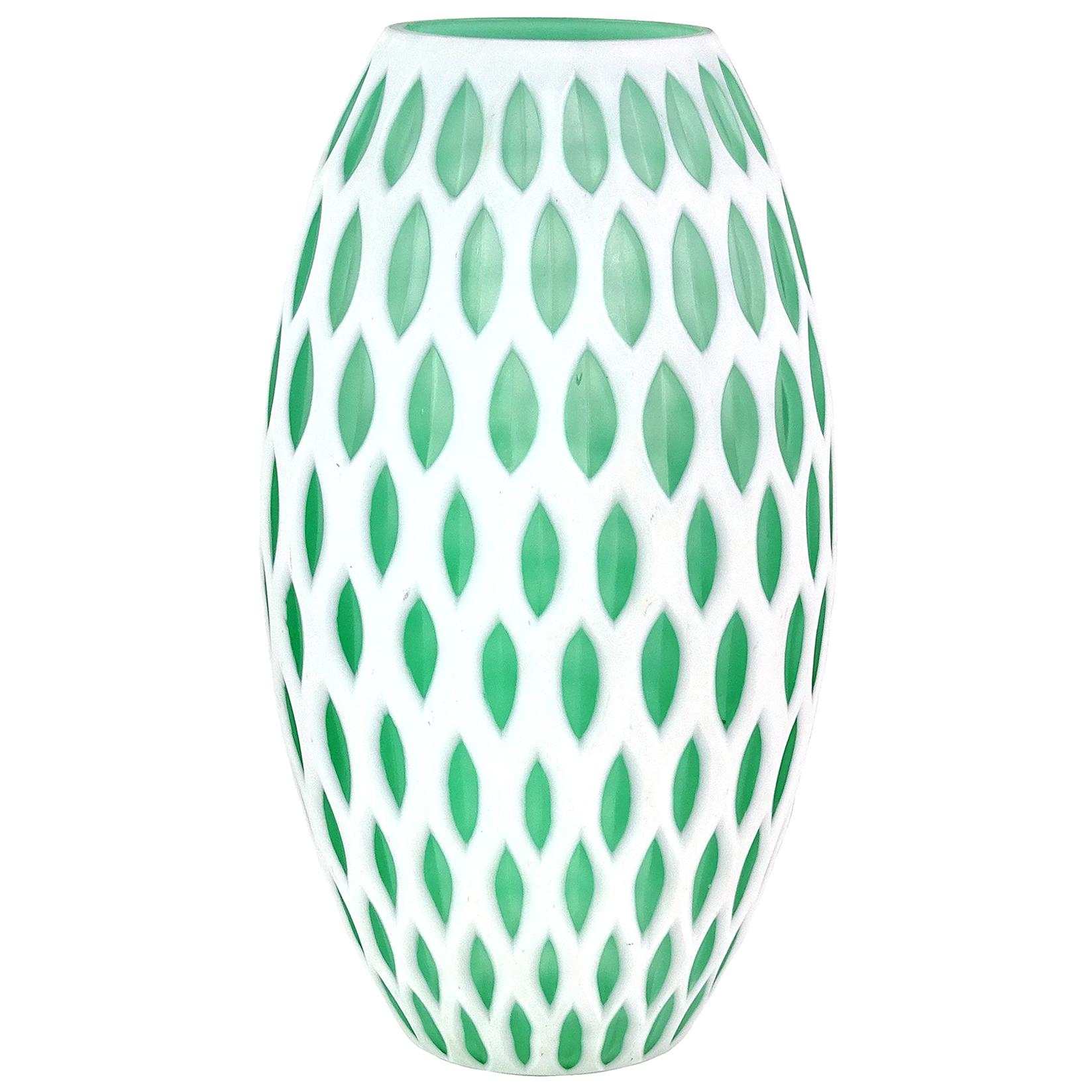 Murano Modern Carved White Green Italian Art Glass Sculptural Flower Vase
