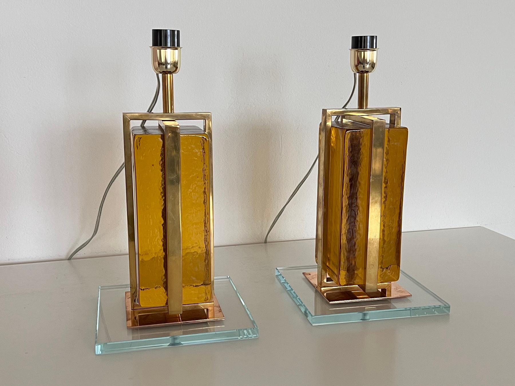 Murano Mordern Glass Block and Brass Table Lamps For Sale 2